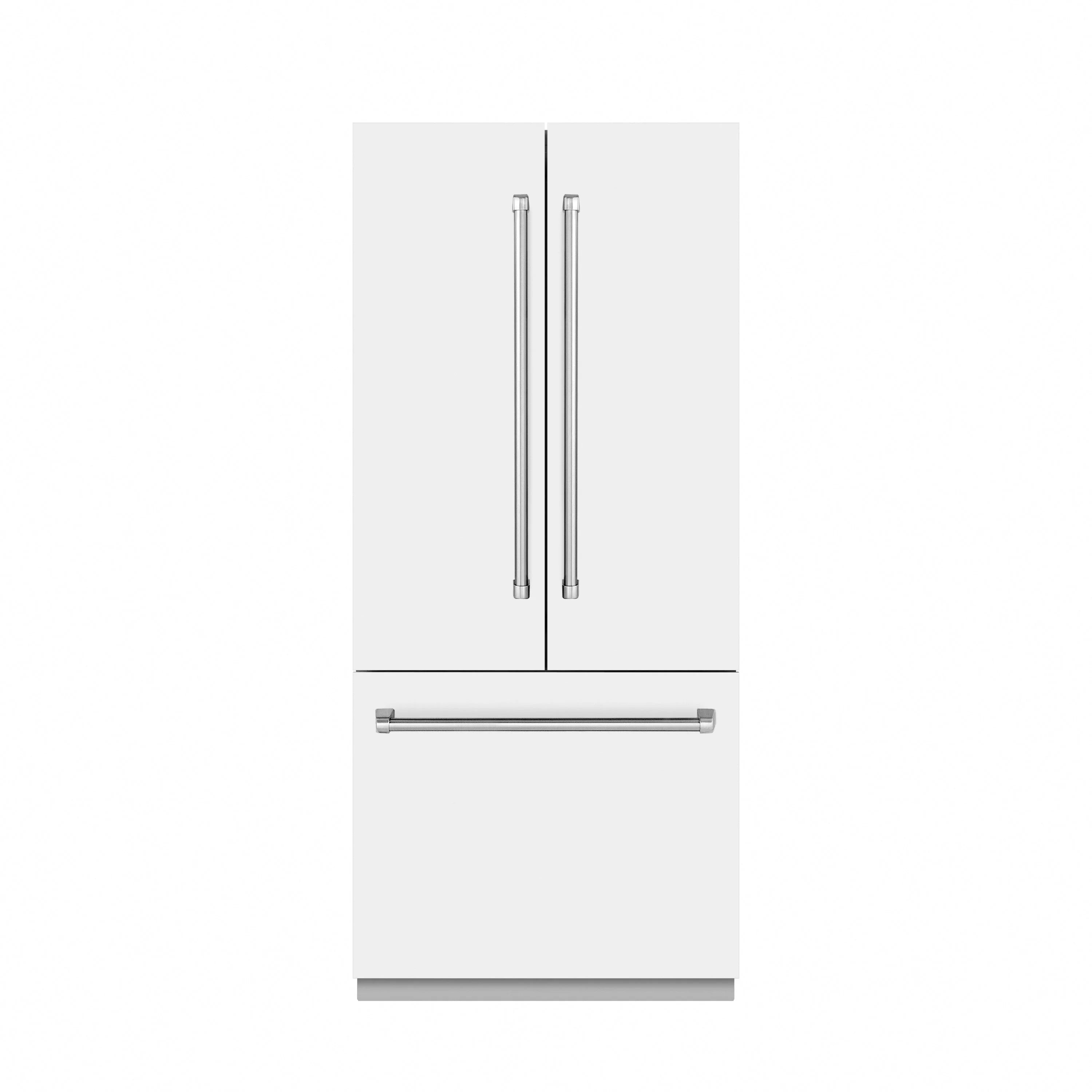 White matte refrigerator with vertical handles and a lower freezer door