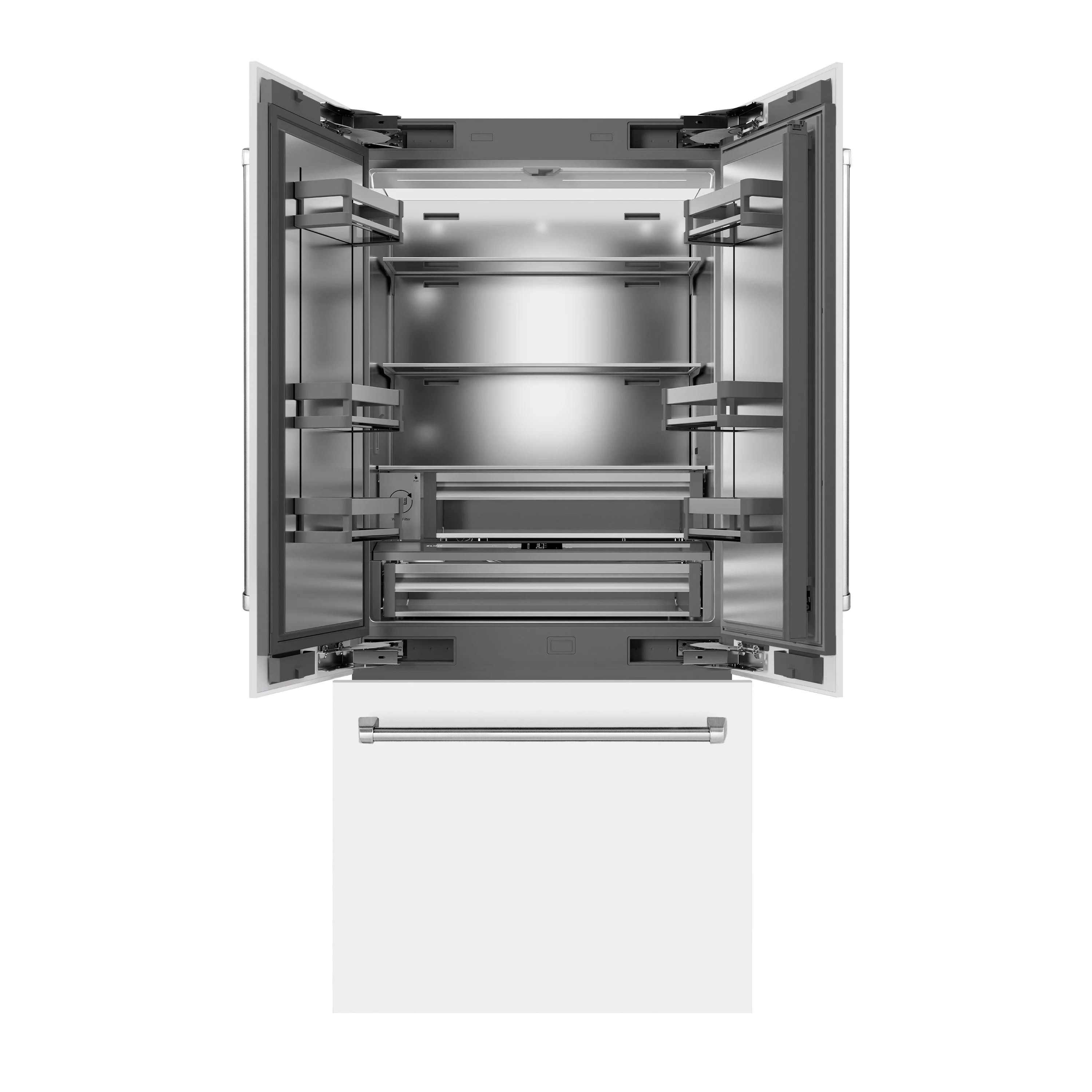 Open bottom freezer refrigerator showing full interior shelving and drawer rails