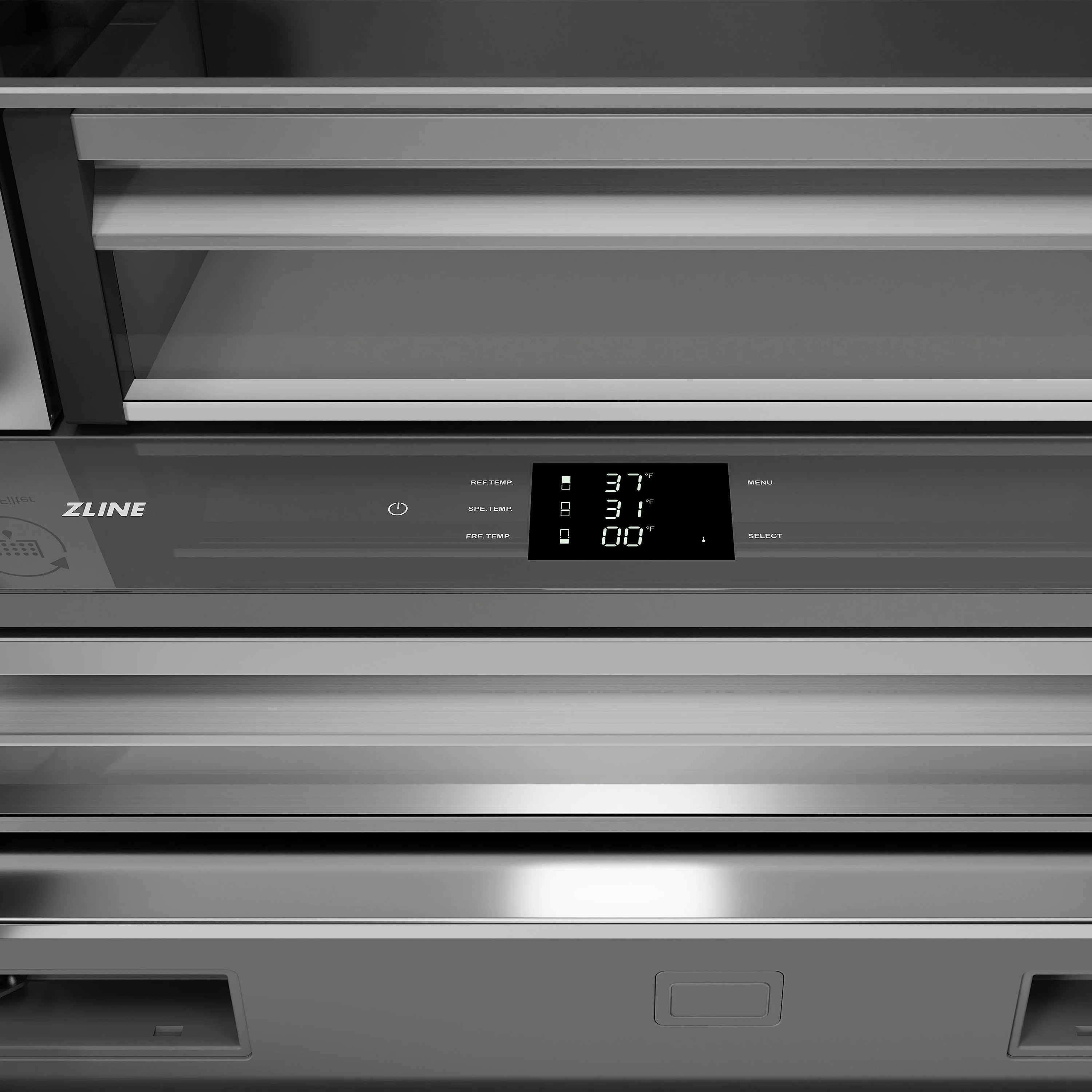 Bottom freezer refrigerator front control panel with digital display and settings