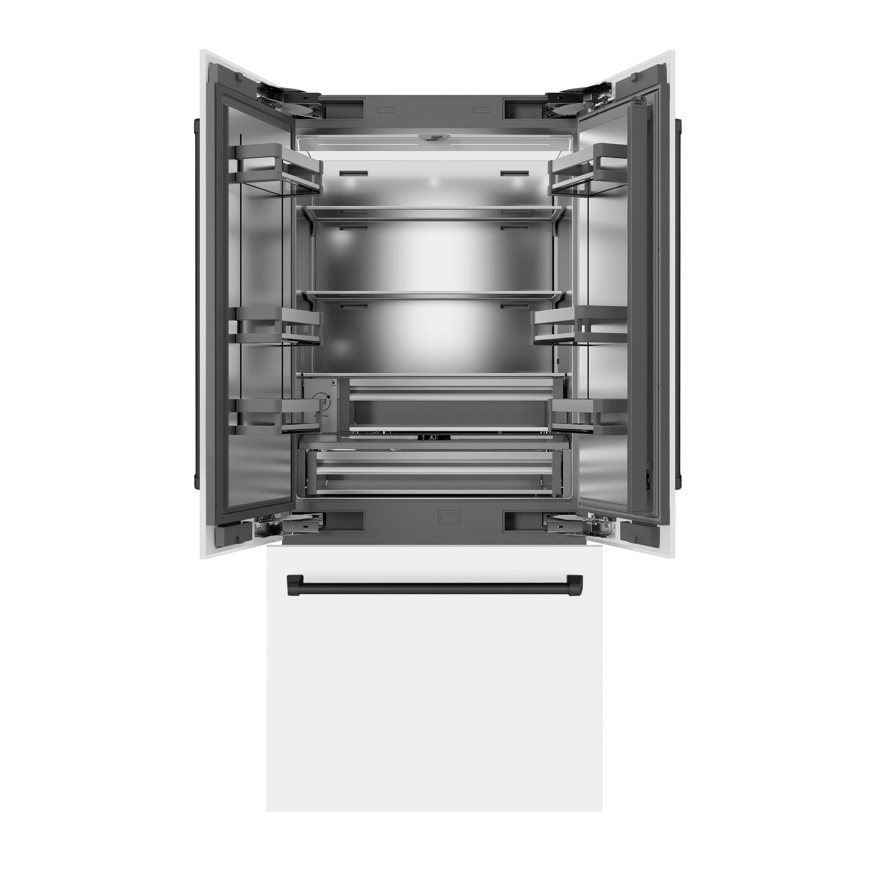 Bottom freezer refrigerator interior view with drawers and adjustable shelves