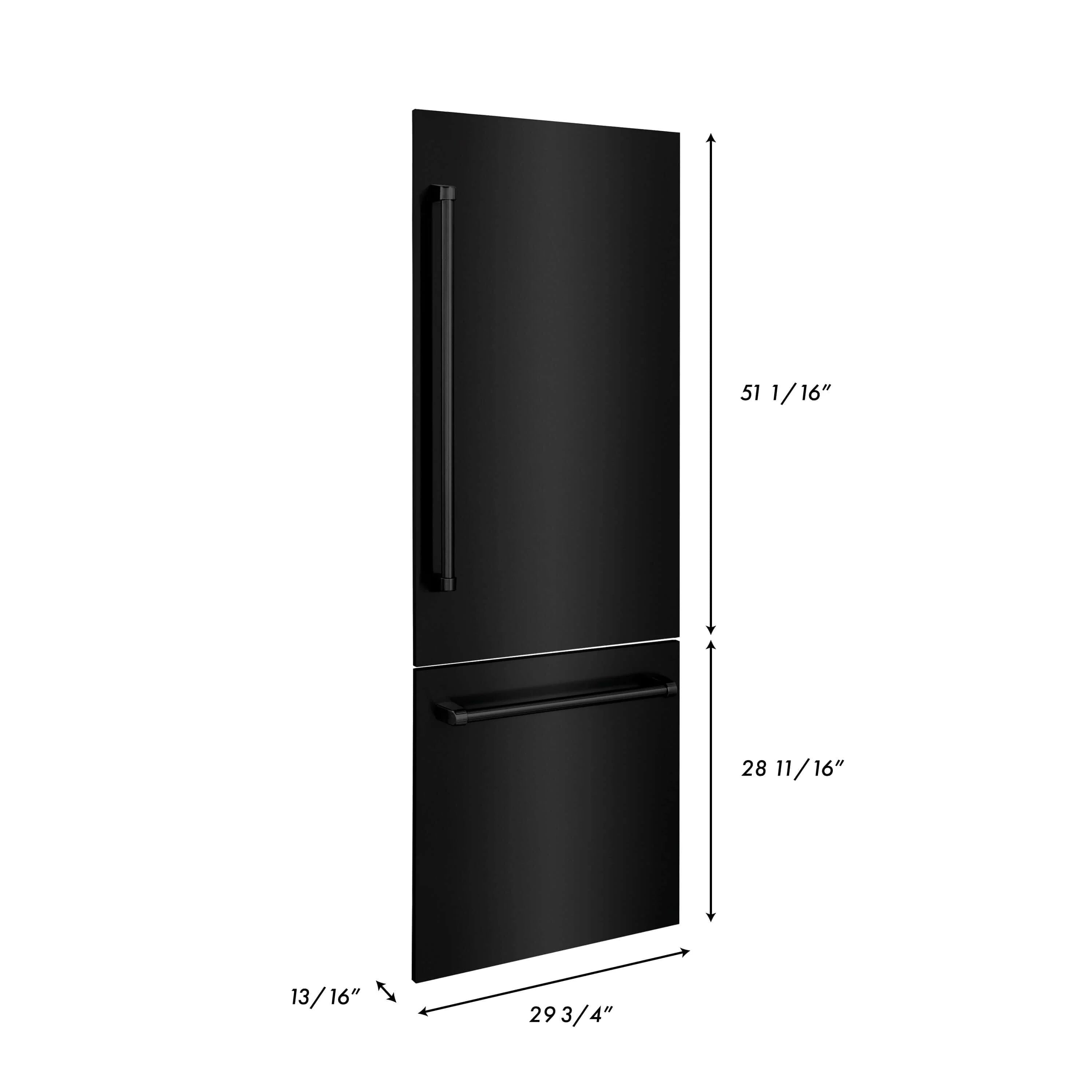 Black refrigerator panel with built-in vertical handle and lower horizontal bar