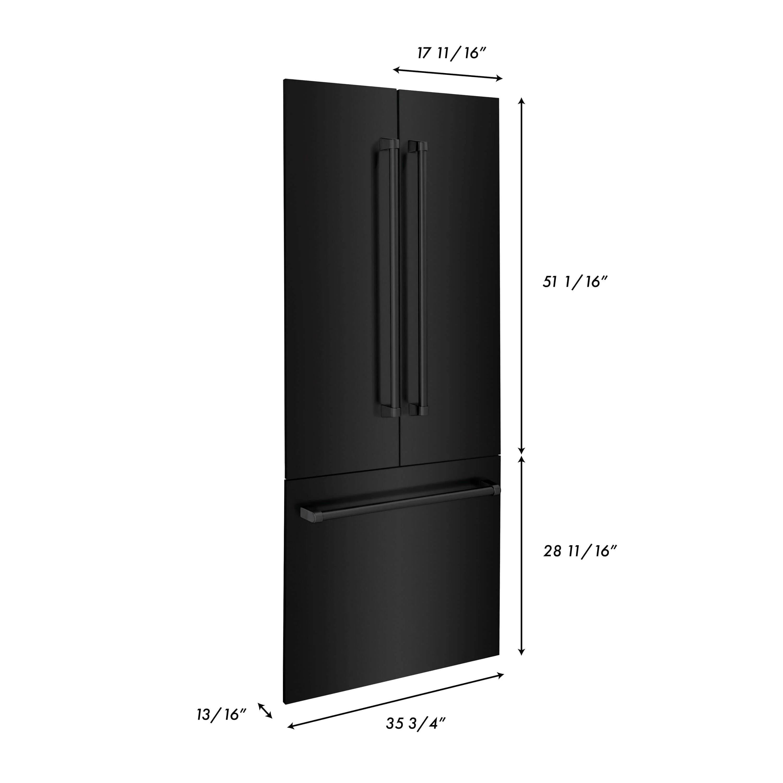 Black built-in refrigerator door panels with two vertical bar handles and dispenser area