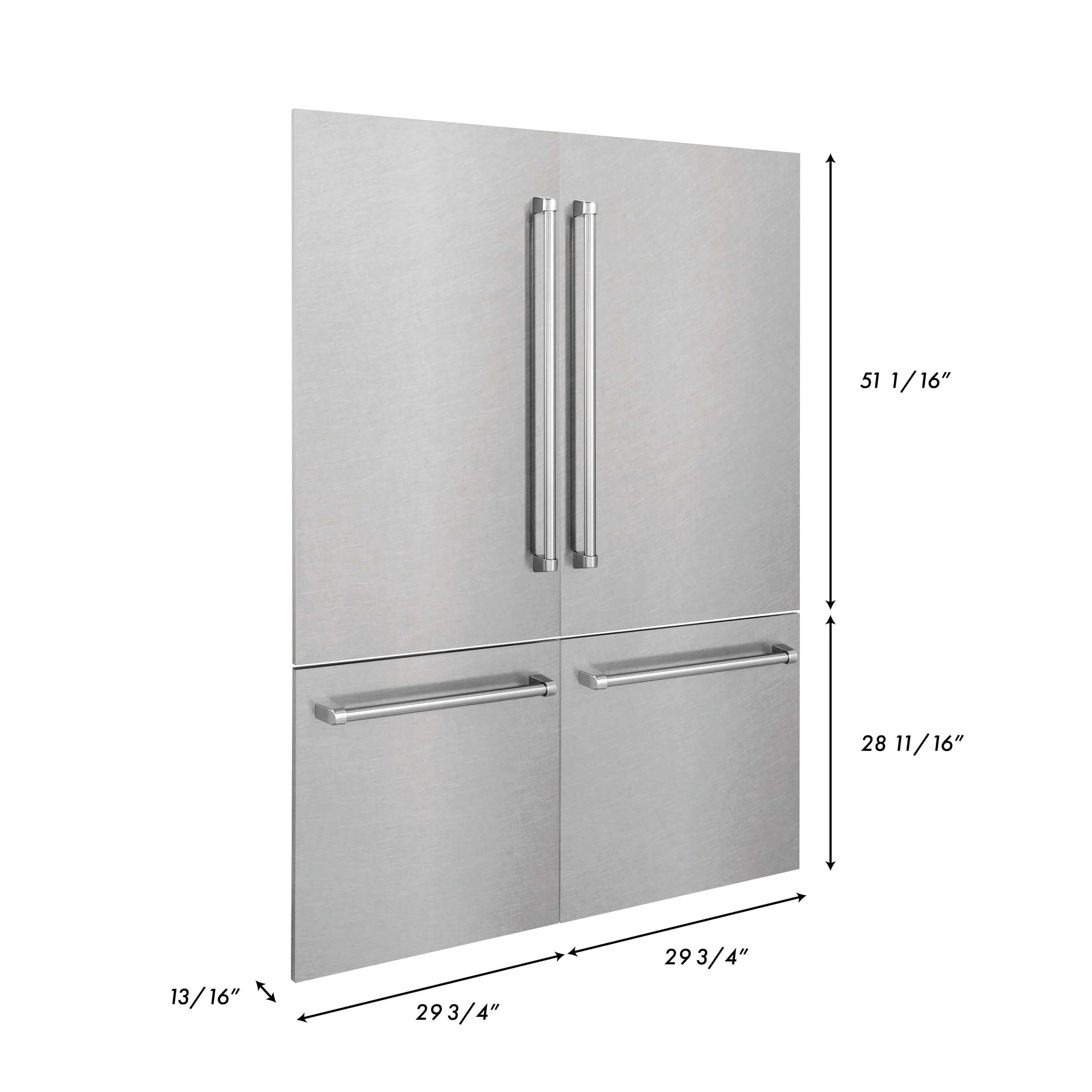 Stainless steel refrigerator panels with two vertical handles and a horizontal handle