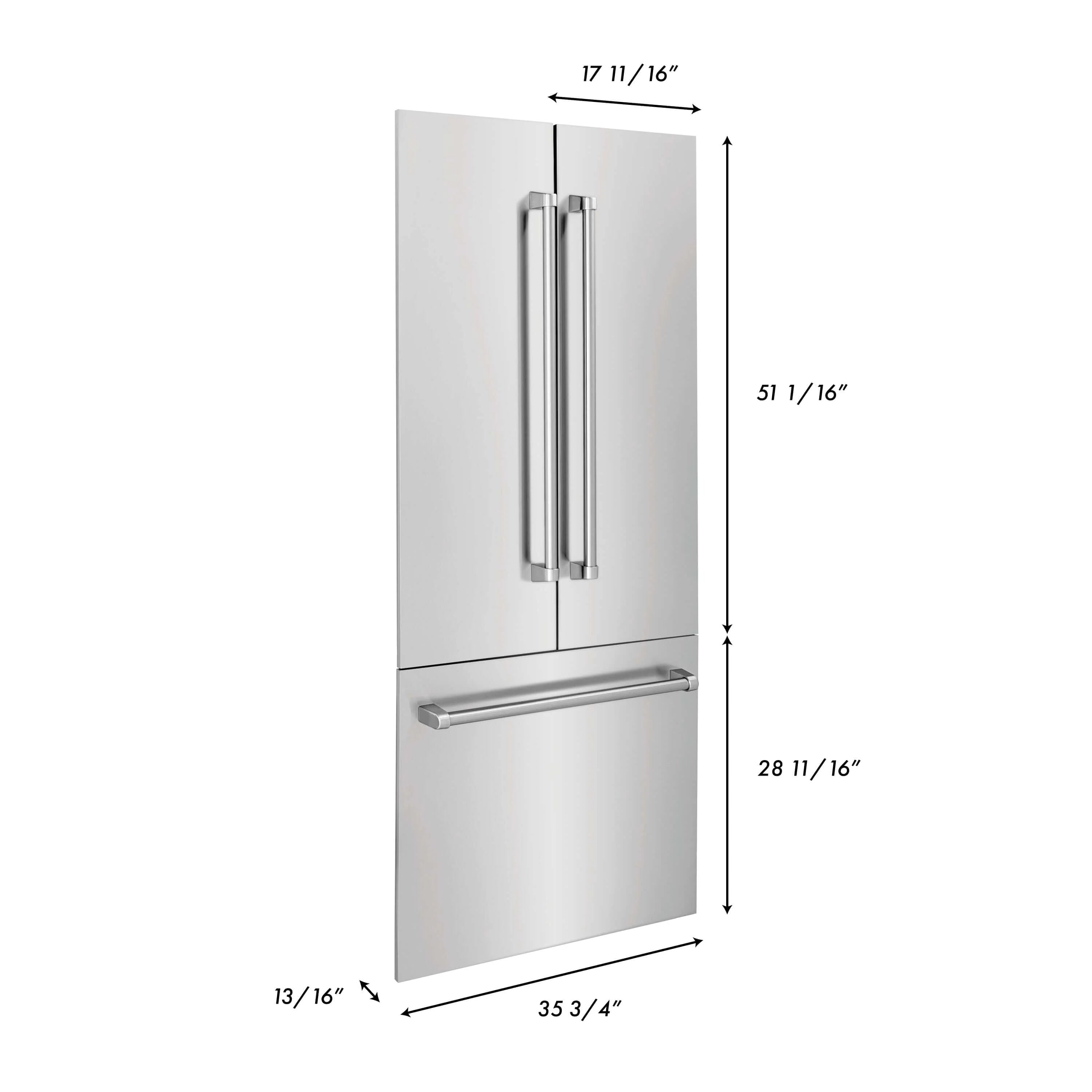 Stainless steel refrigerator panels with vertical door handles and horizontal dispenser bar