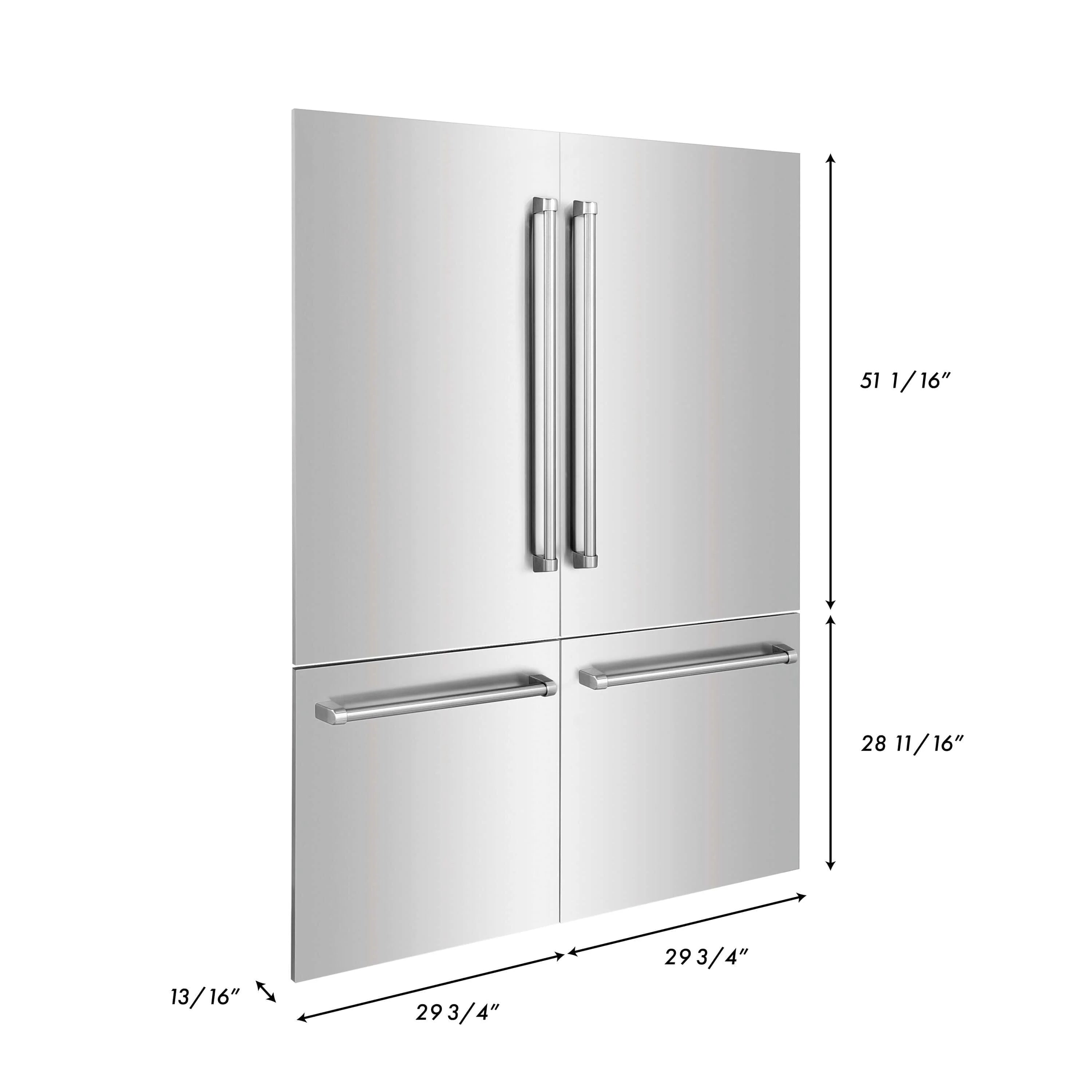 Stainless steel refrigerator door panel with vertical handles and horizontal bar handle