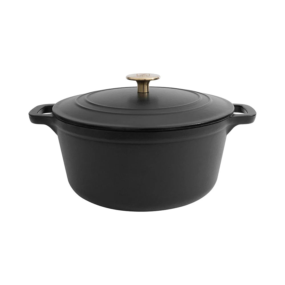 Matte black enameled cast iron Dutch oven with gold-toned knob and lid