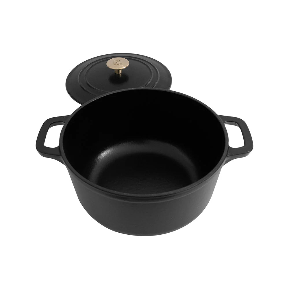 Matte black enameled cast iron Dutch oven base with lid removed, side handles