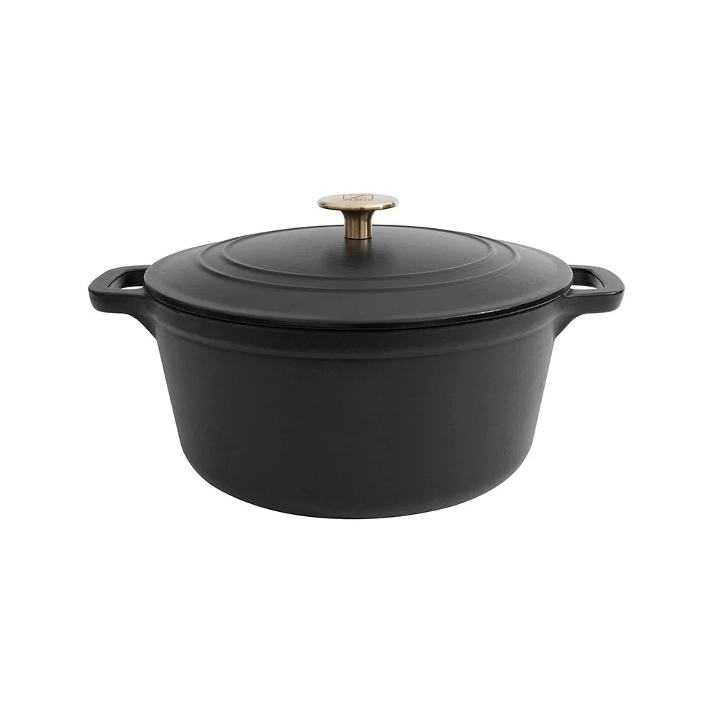 Black matte enameled cast iron Dutch oven with lid and side handles