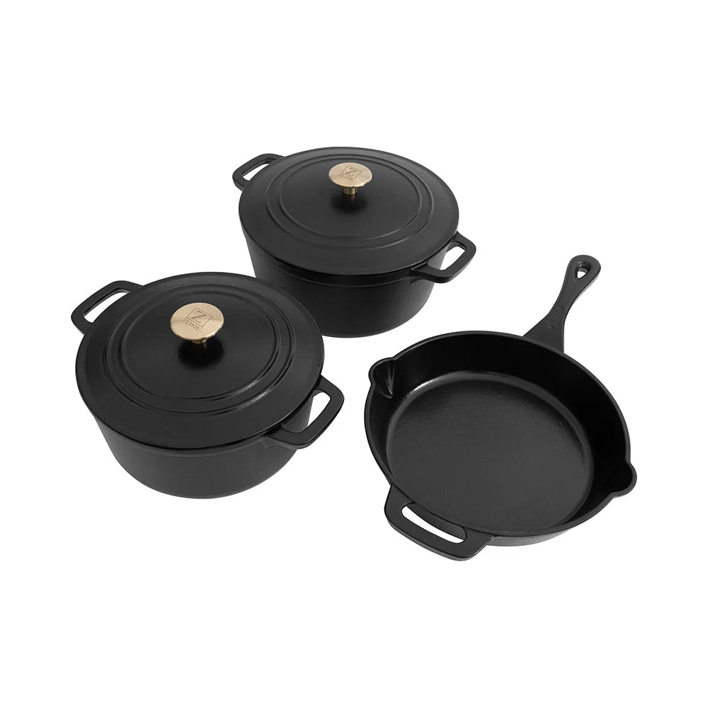 Matte black enameled cast iron cookware set: pot, lidded saucepan, skillet