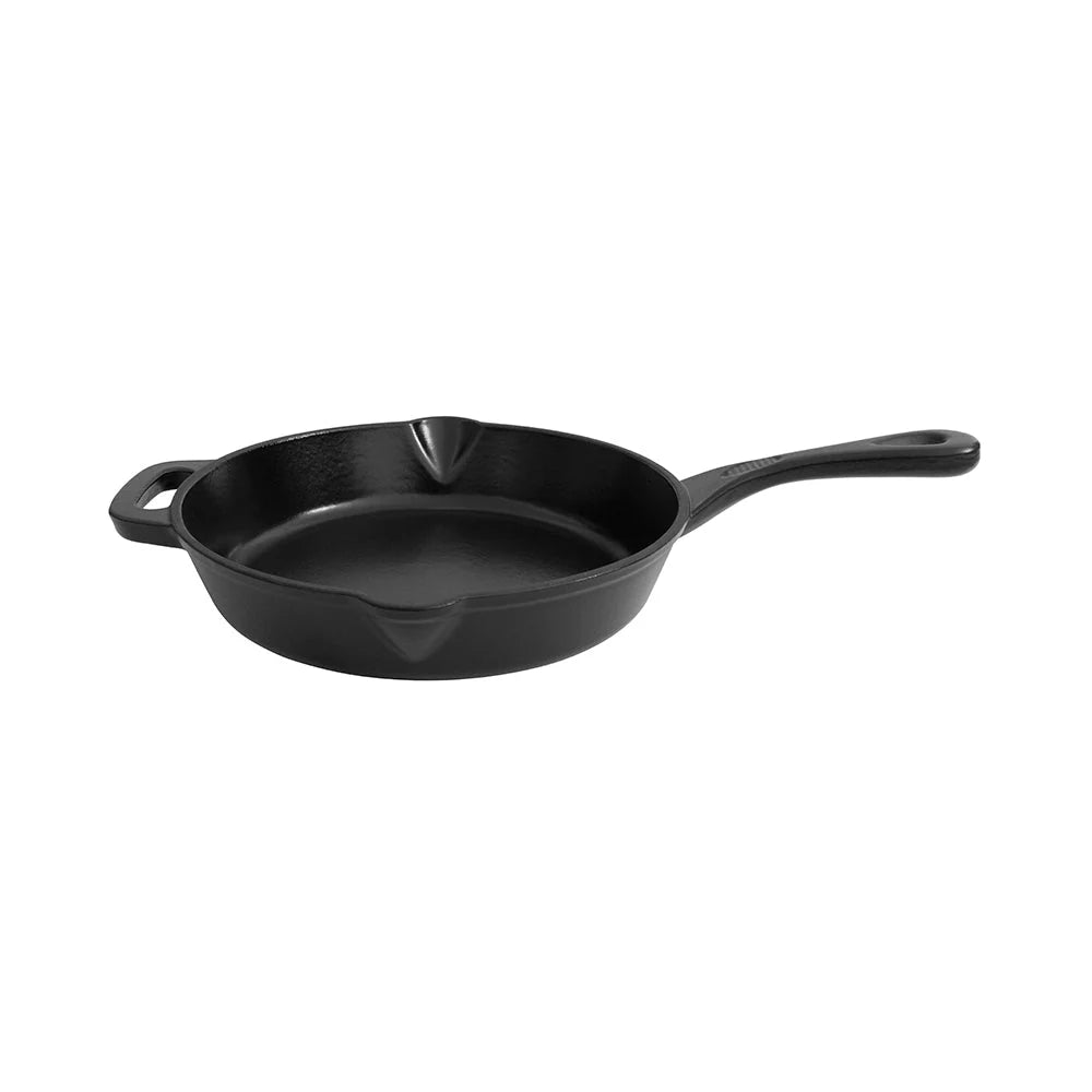 Matte black enameled cast iron skillet with long handle and shallow sides