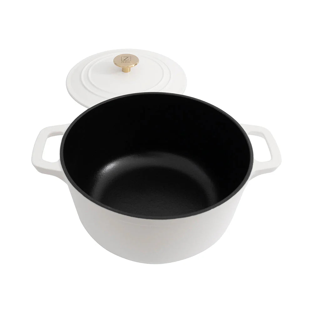 ZLINE enameled cast iron Dutch oven, white exterior with black interior and gold knob
