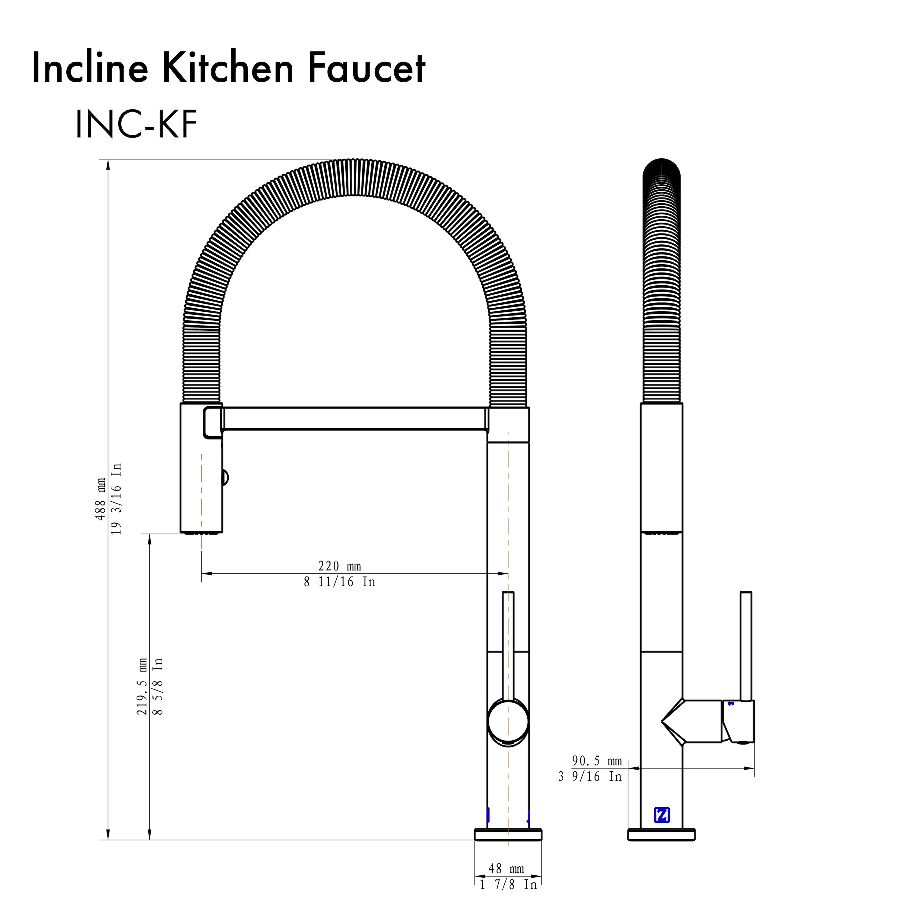 Incline kitchen faucet schematic with tall arched spout and pull-down hose