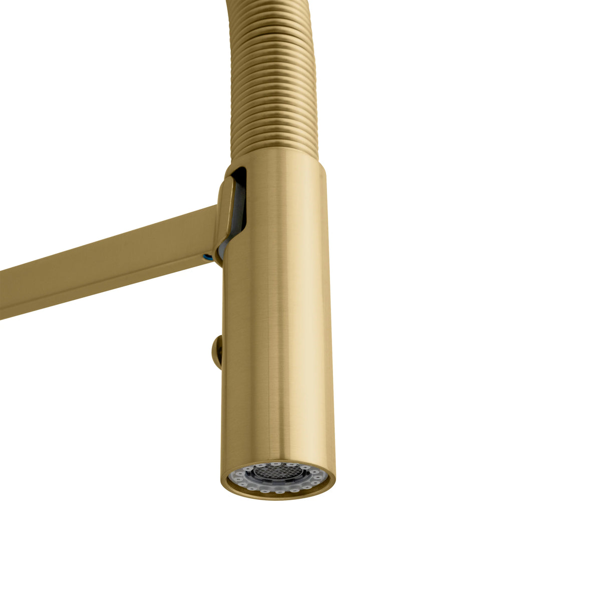 Champagne bronze pull-down spray head with textured nozzles under arched spout