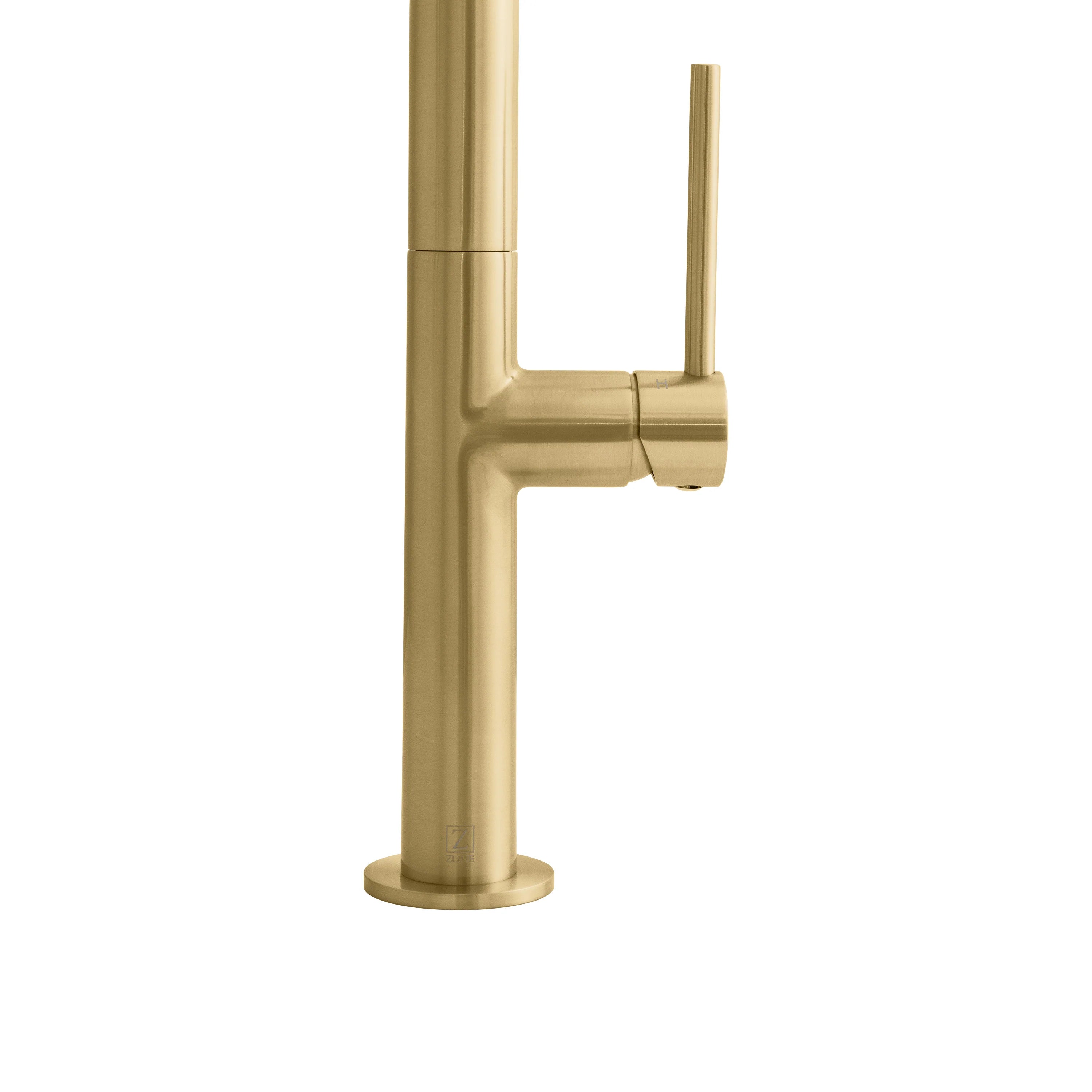 Champagne bronze kitchen faucet with tall cylindrical spout and deck-mounted base