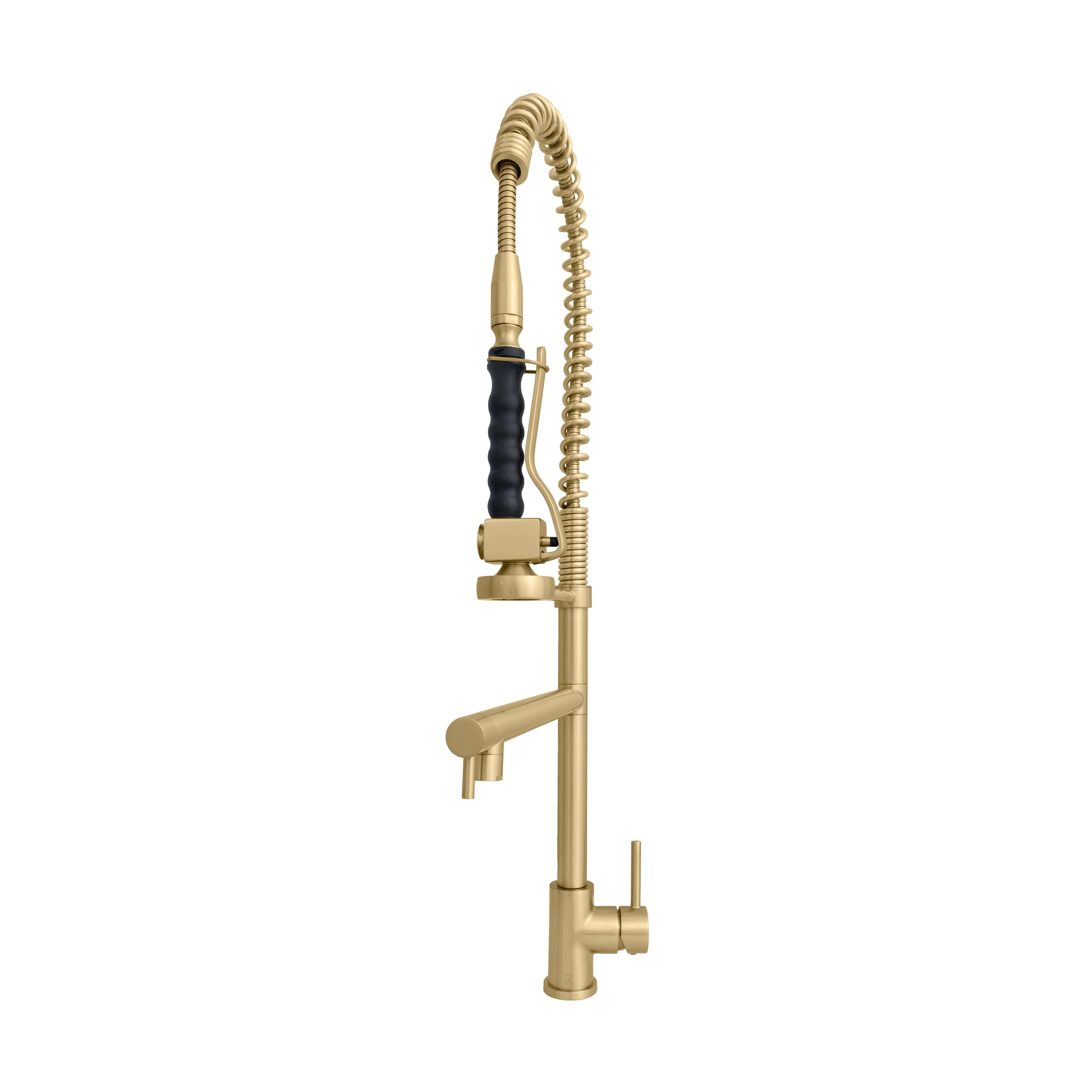 Champagne bronze kitchen faucet with arched spout, coiled hose, and side handles
