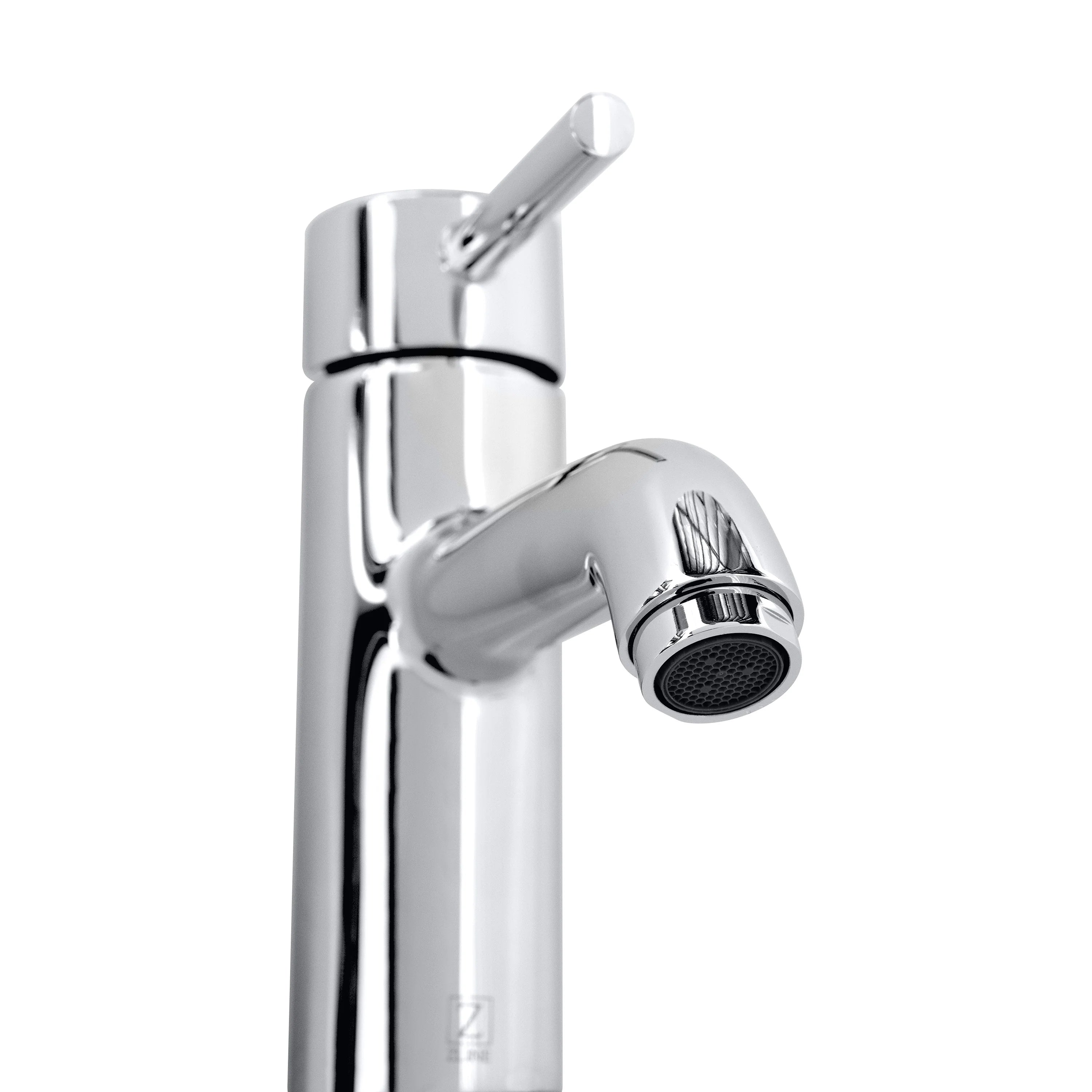 Chrome bathroom faucet spout close-up with aerator and single control handle