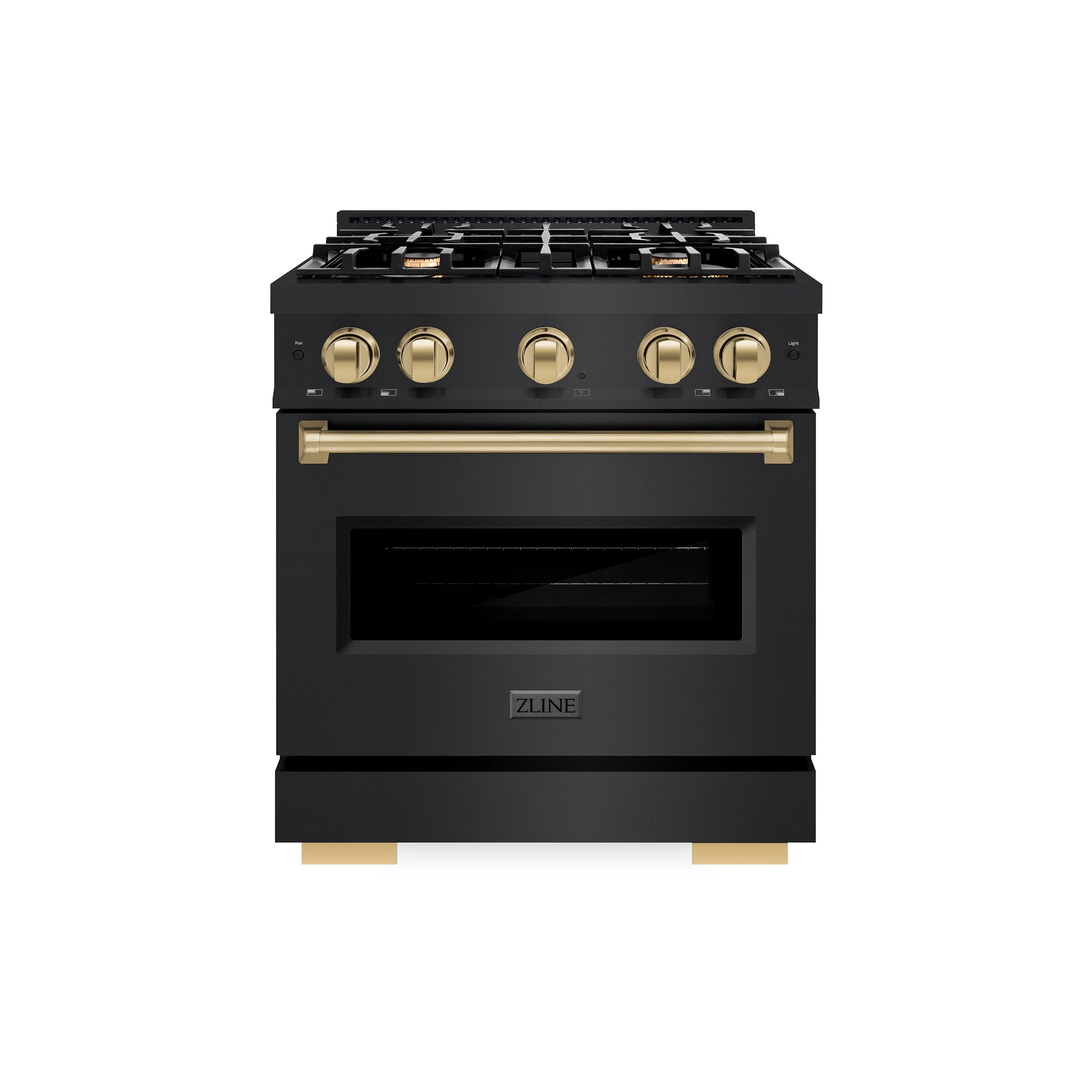 Black gas range with closed door, bronze handle, and 4-burner cooktop controls