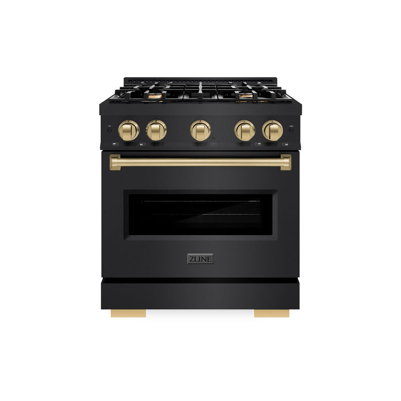 ZLINE 5-Piece Appliance Package - 30-Inch Gas Range, Hood, Refrigerator, Dishwasher, and Microwave Drawer in Black Stainless Steel with Champagne Bronze Accents