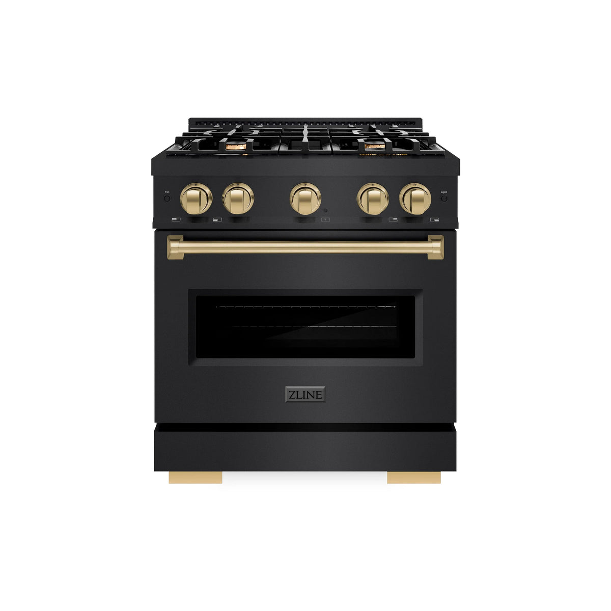 ZLINE 4-Piece Appliance Package - 30-Inch Classic Gas Range, Refrigerator, Dishwasher, and 24-Inch Microwave Drawer in Black Stainless Steel with Champagne Bronze Accents