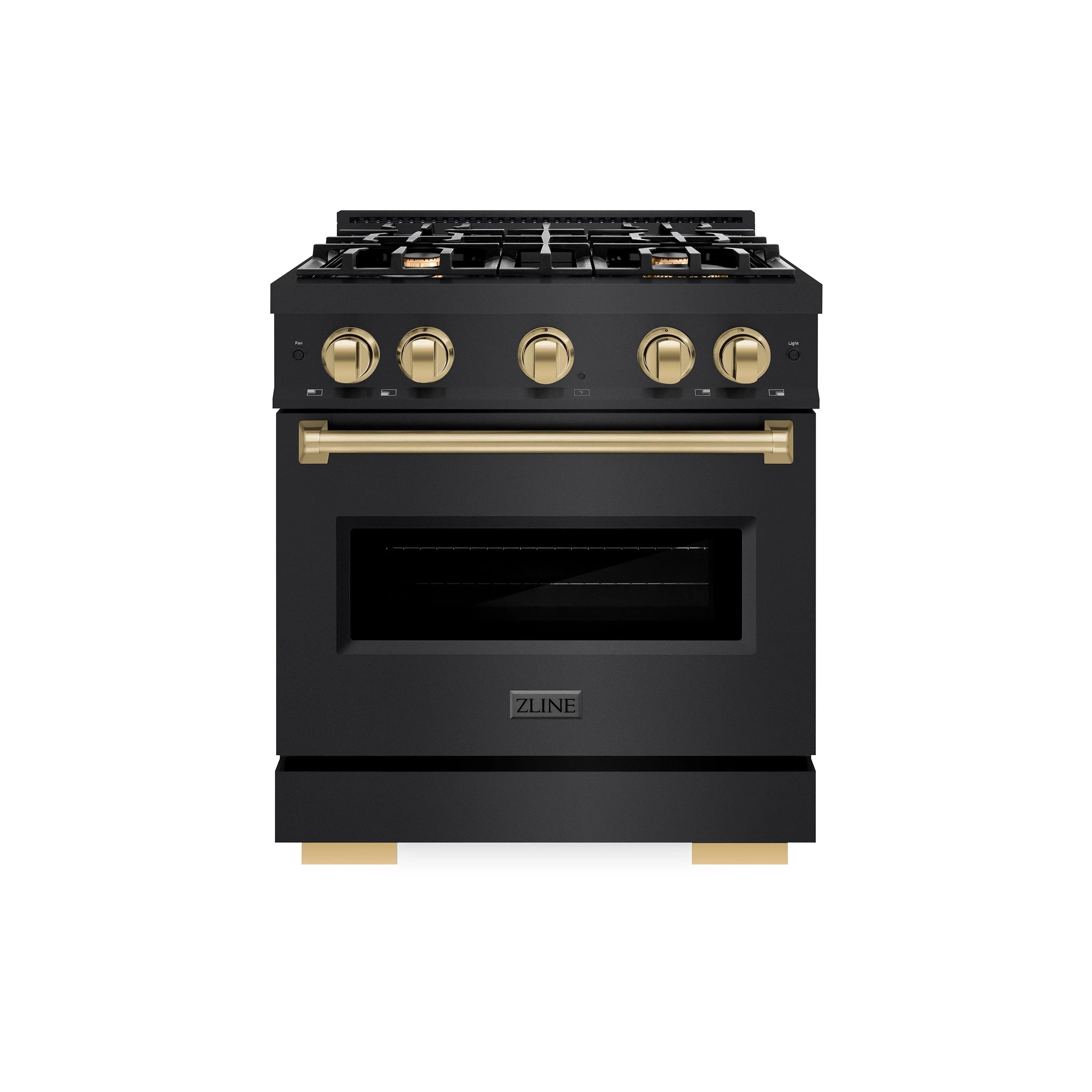 Black stainless gas range with champagne bronze control knobs and oven door handle