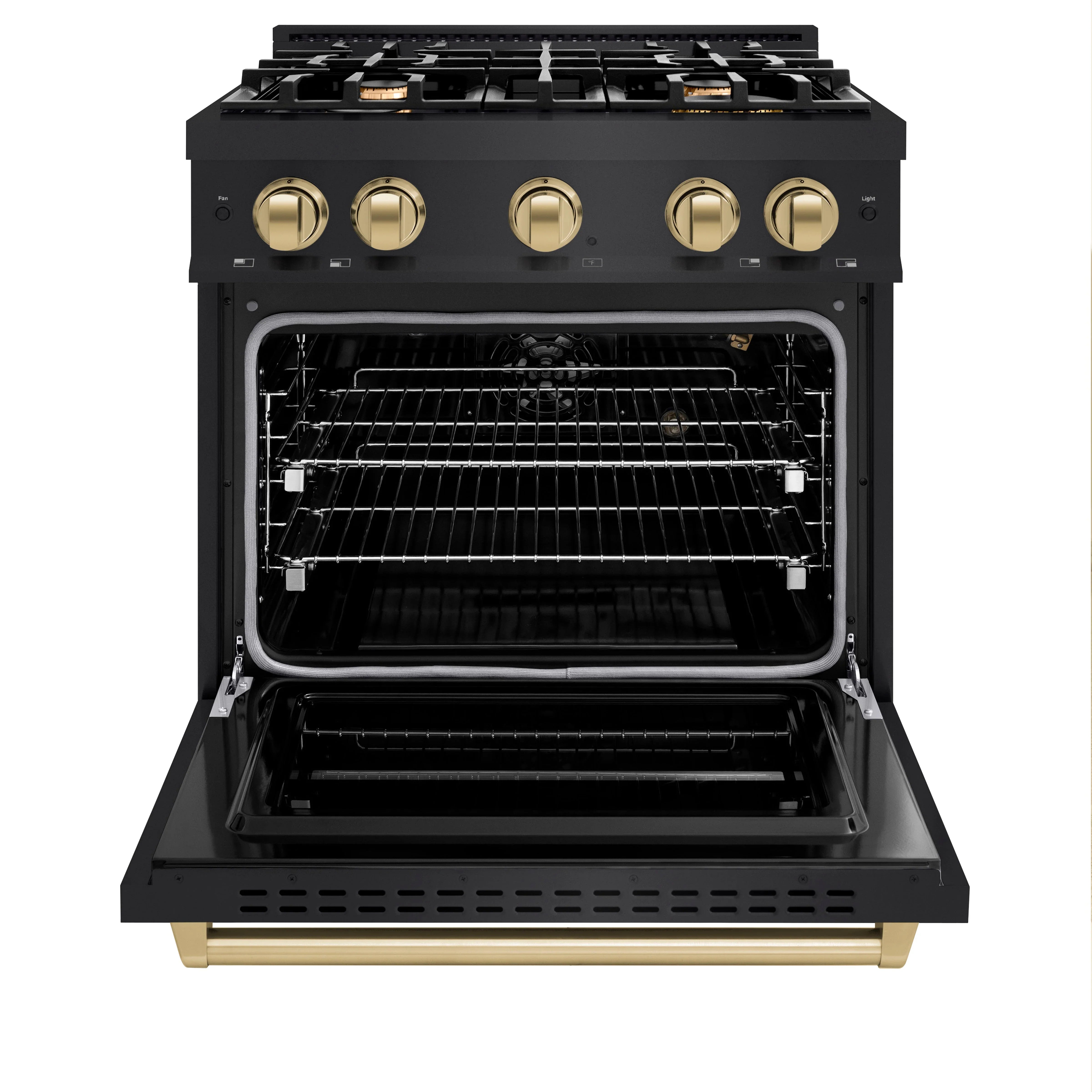 Black gas range with open oven door, visible burner grate and champagne bronze knobs