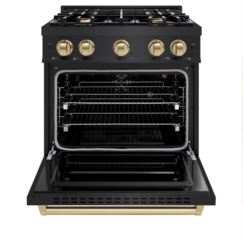 ZLINE 4-Piece Appliance Package - 30-Inch Gas Range, Hood, Refrigerator, and Dishwasher in Black Stainless Steel with Champagne Bronze Accents