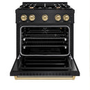 ZLINE 5-Piece Appliance Package - 30-Inch Autograph Edition Gas Range, Wall Mount Range Hood, 36-Inch French Door Refrigerator with Water Dispenser, Dishwasher, and 30-Inch Microwave Drawer in Black Stainless Steel with Champagne Bronze Accents