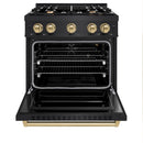 ZLINE 4-Piece Appliance Package - 30-Inch Gas Range, Hood, Refrigerator with Water Dispenser, and Dishwasher in Black Stainless Steel with Champagne Bronze Accents