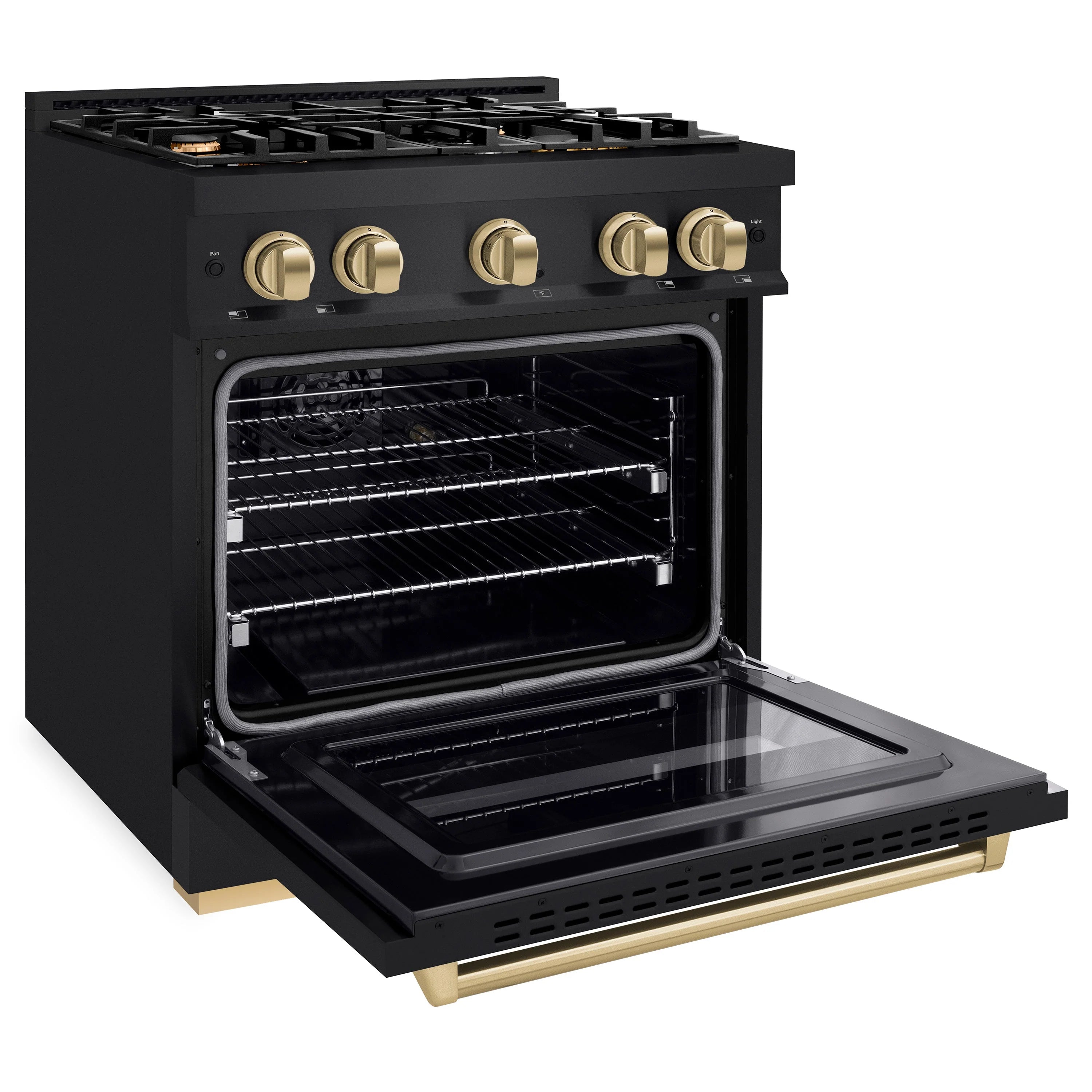 Black gas range with oven door open showing racks and 4-burner cooktop