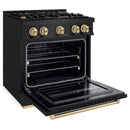 ZLINE 5-Piece Appliance Package - 30-Inch Autograph Edition Gas Range, Wall Mount Range Hood, 36-Inch French Door Refrigerator with Water Dispenser, Dishwasher, and 30-Inch Microwave Drawer in Black Stainless Steel with Champagne Bronze Accents
