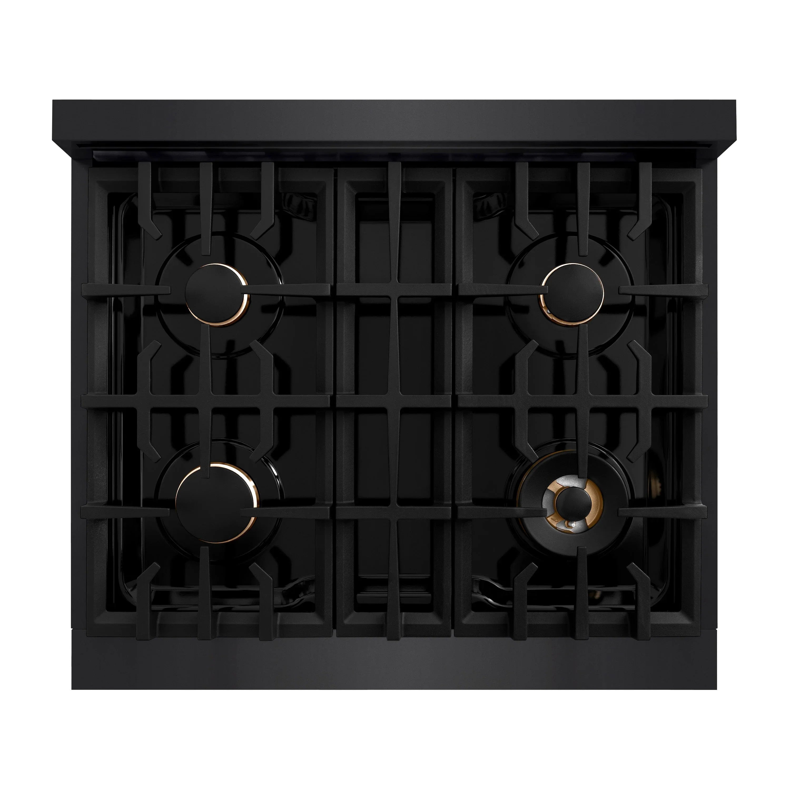 Black four-burner cooktop with round champagne bronze burner caps