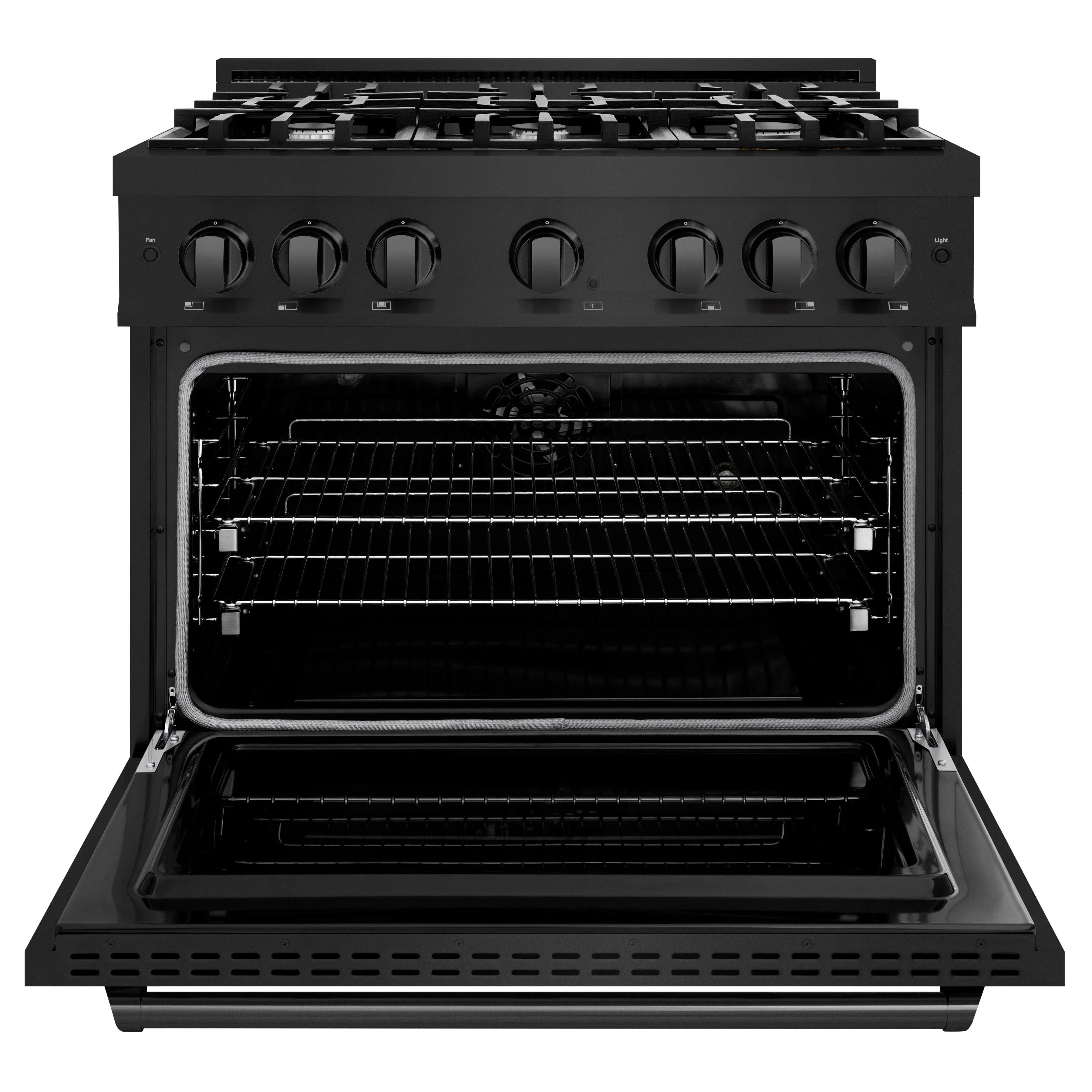 Black dual fuel range with oven door open showing wire racks inside