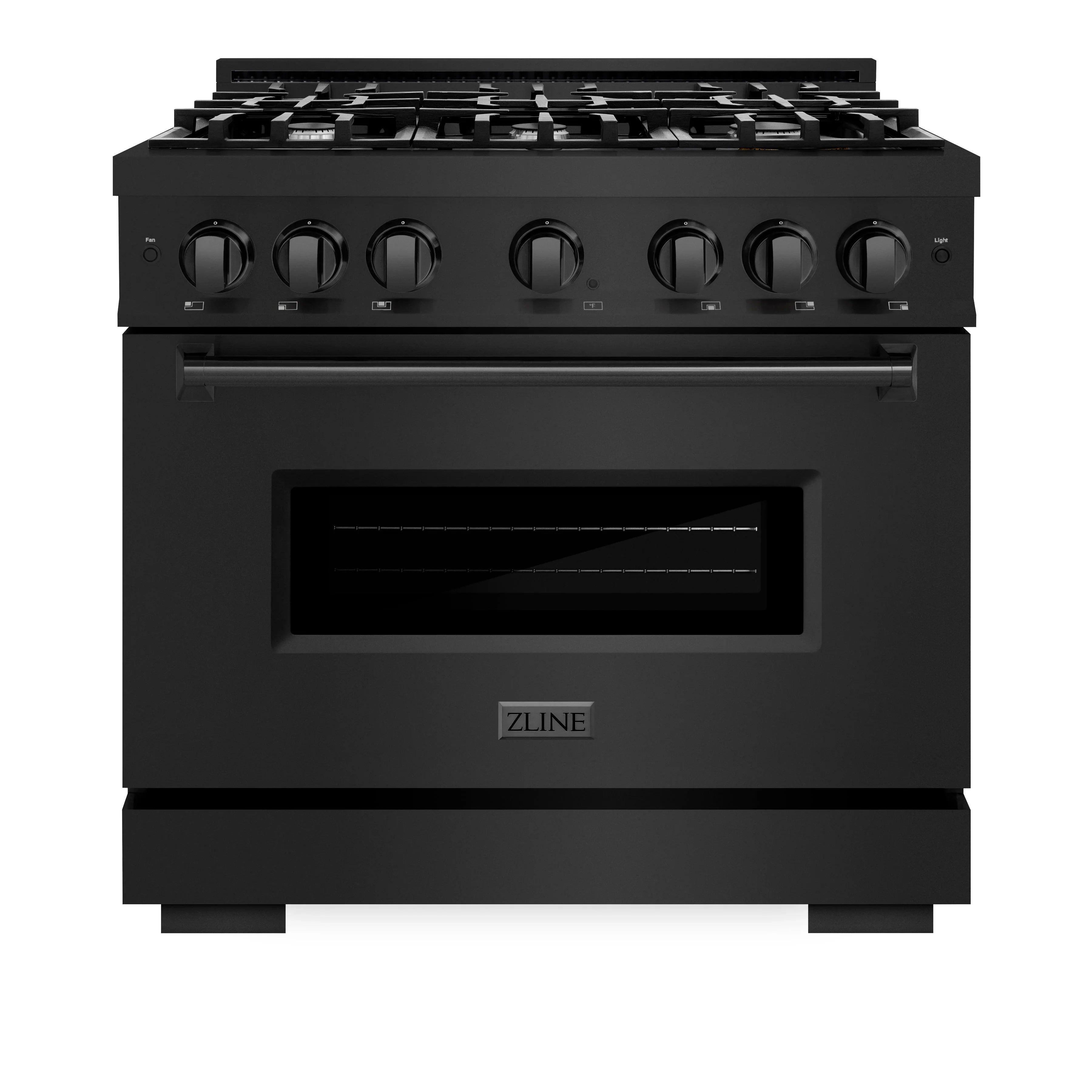 Black dual fuel range with glass oven door and control knobs on front panel