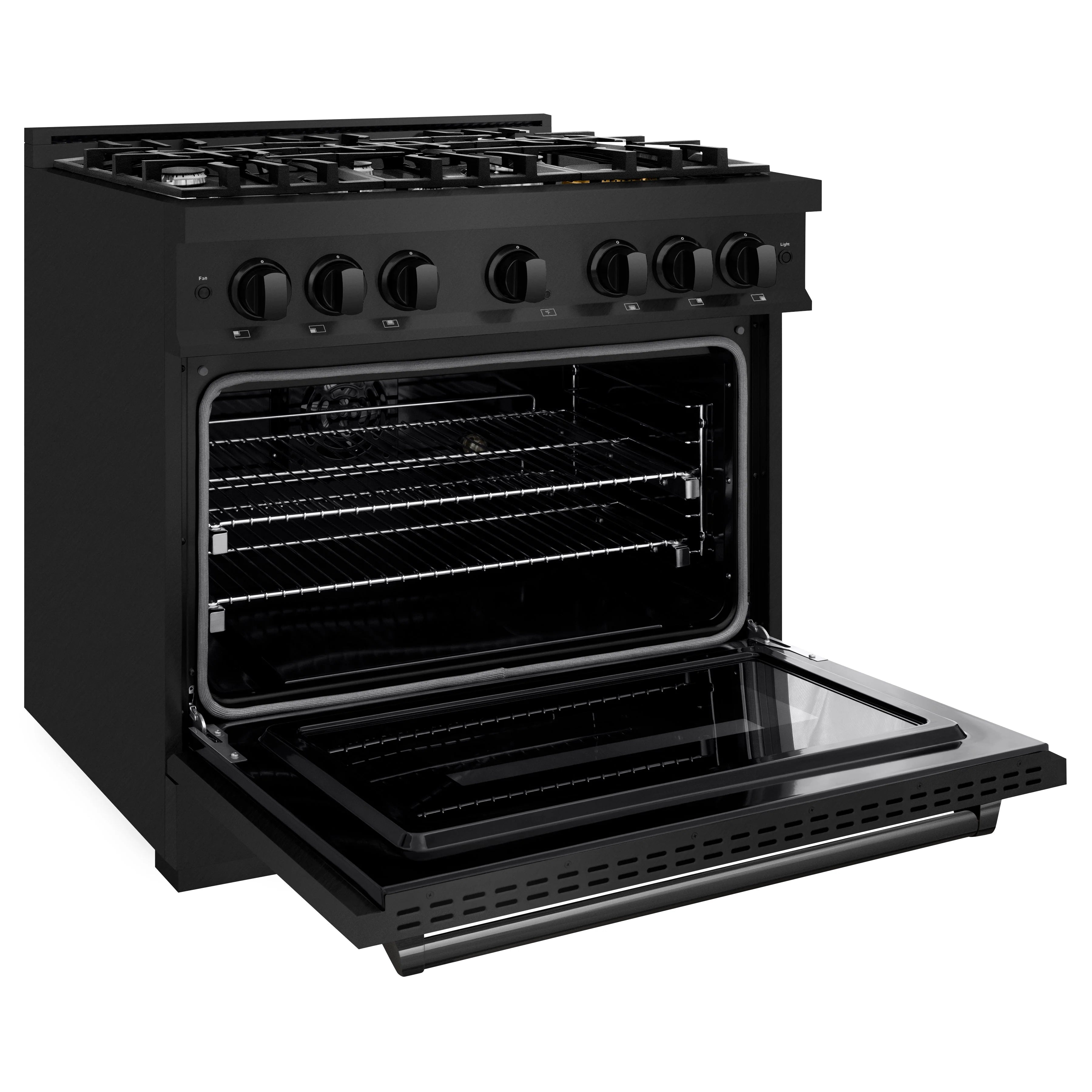 Black range with open convection oven door and rack inside, six-burner cooktop above