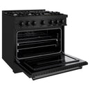 ZLINE 5-Piece Appliance Package - 36-Inch Dual Fuel Range, Hood, Refrigerator with Water Dispenser, Dishwasher, and Microwave Drawer in Black Stainless Steel