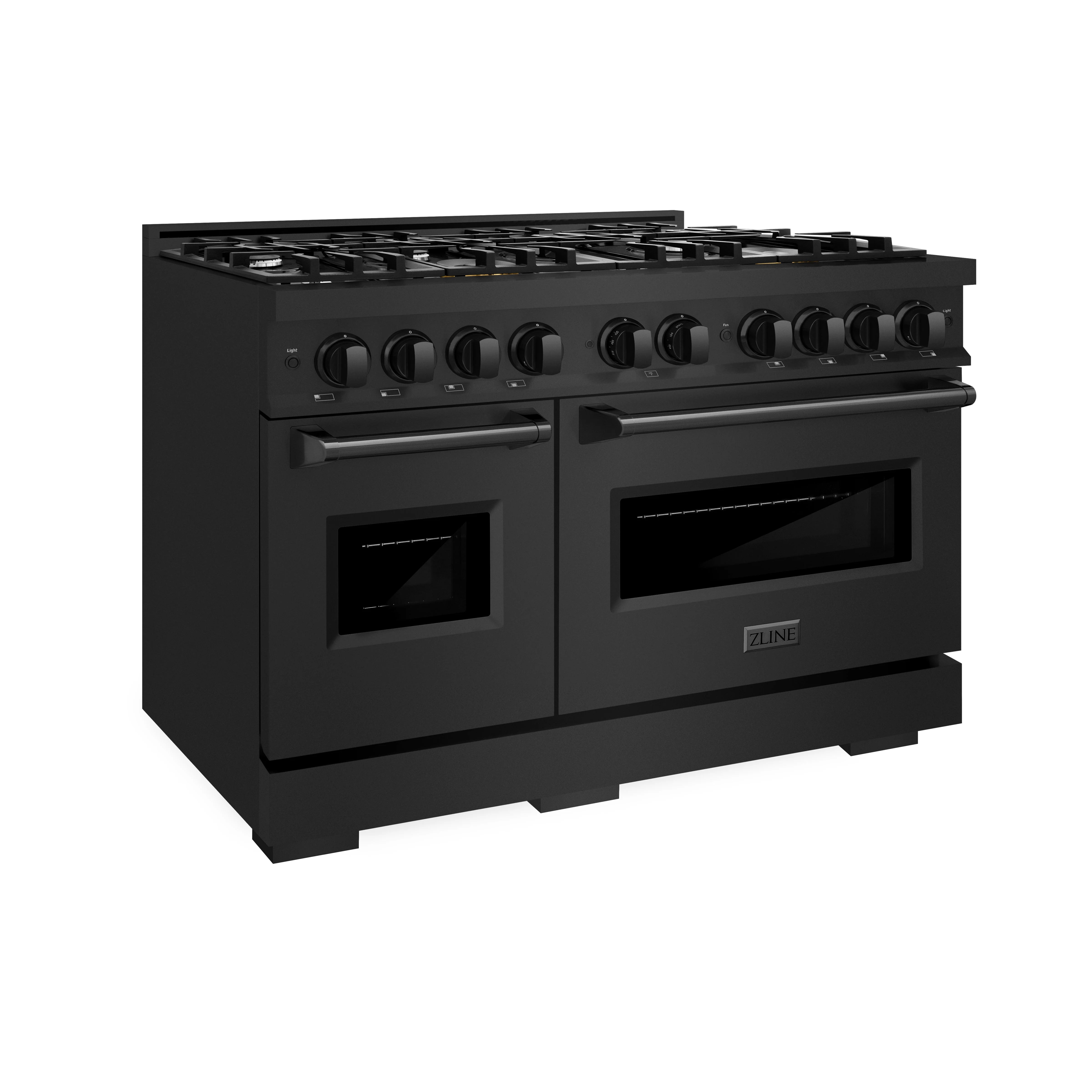 Black dual fuel range with control knobs and glass oven windows; compact angled side view