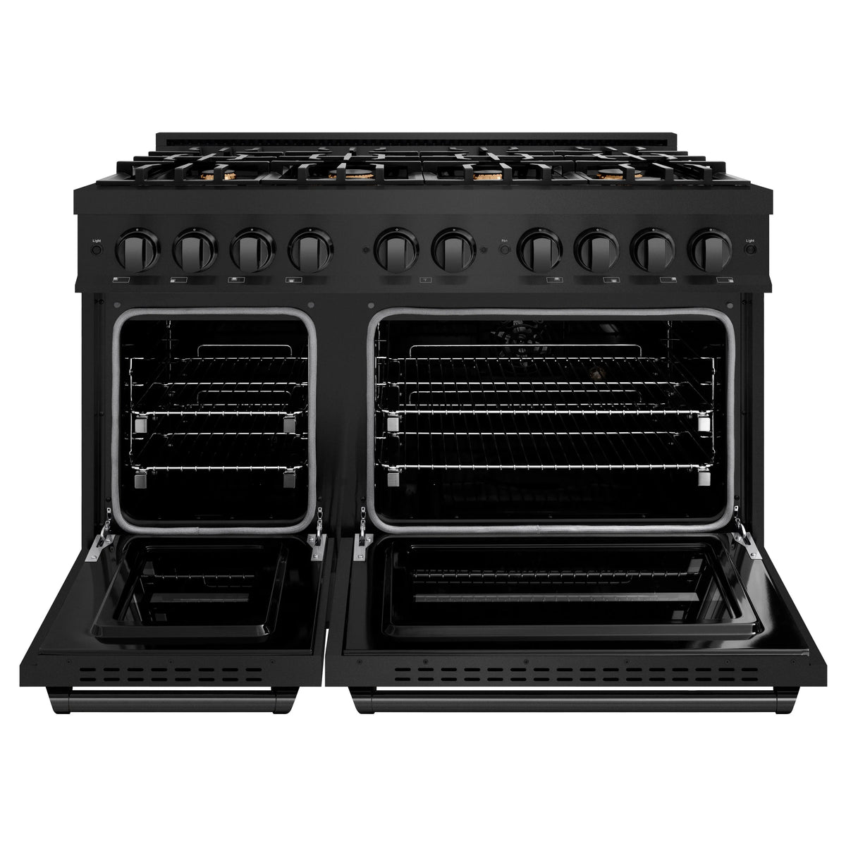 Double oven with racks open and black cooktop grates on a dual-fuel range