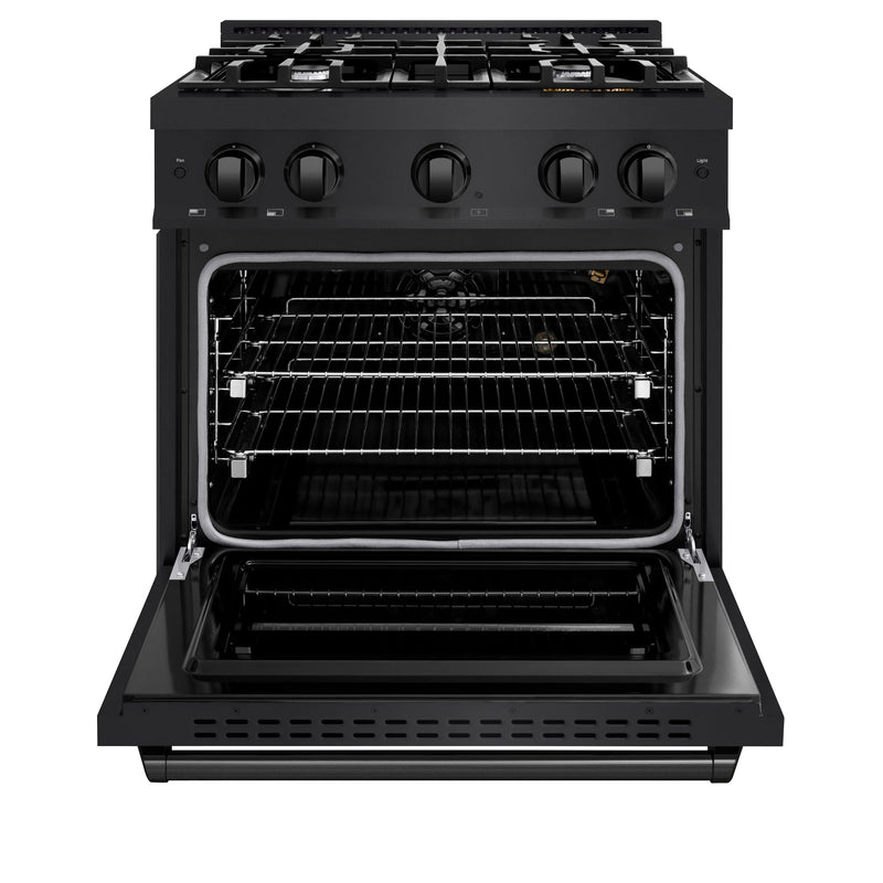 ZLINE 4-Piece Appliance Package - 30-Inch Gas Range, Hood, Refrigerator, and Dishwasher in Black Stainless Steel