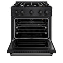 ZLINE 5-Piece Appliance Package - 30-Inch Gas Range, Hood, Refrigerator with Water Dispenser, Dishwasher, and Microwave Drawer in Black Stainless Steel