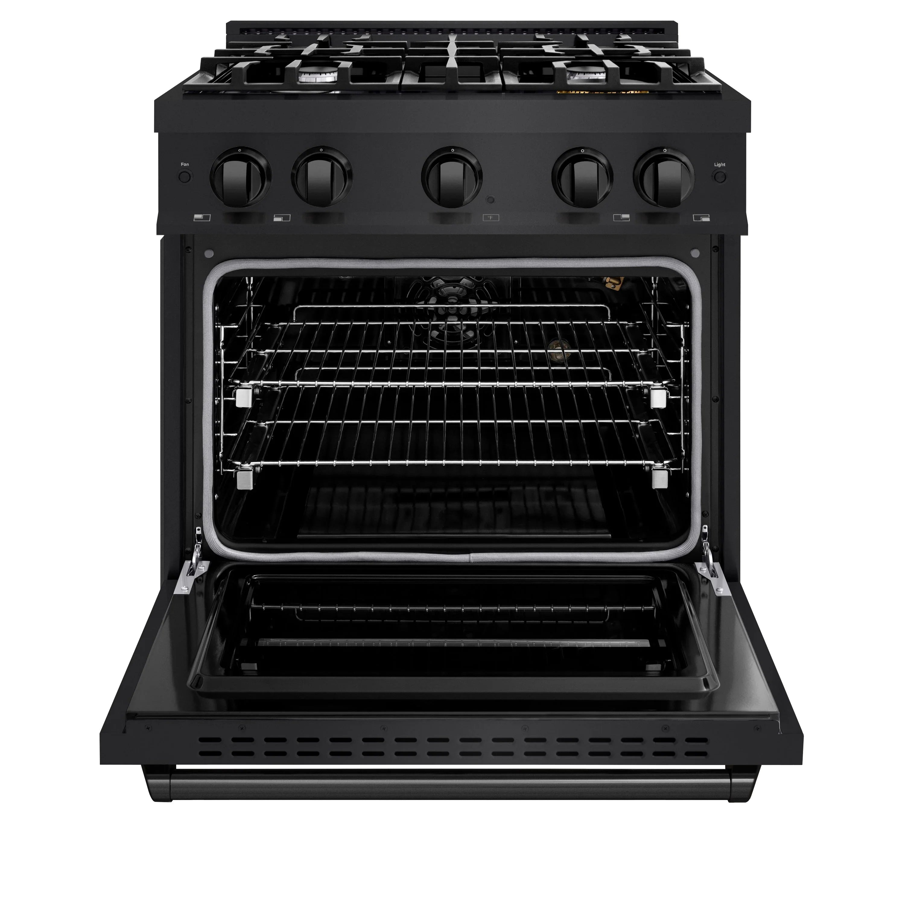 Black gas range with oven door open showing wire racks inside