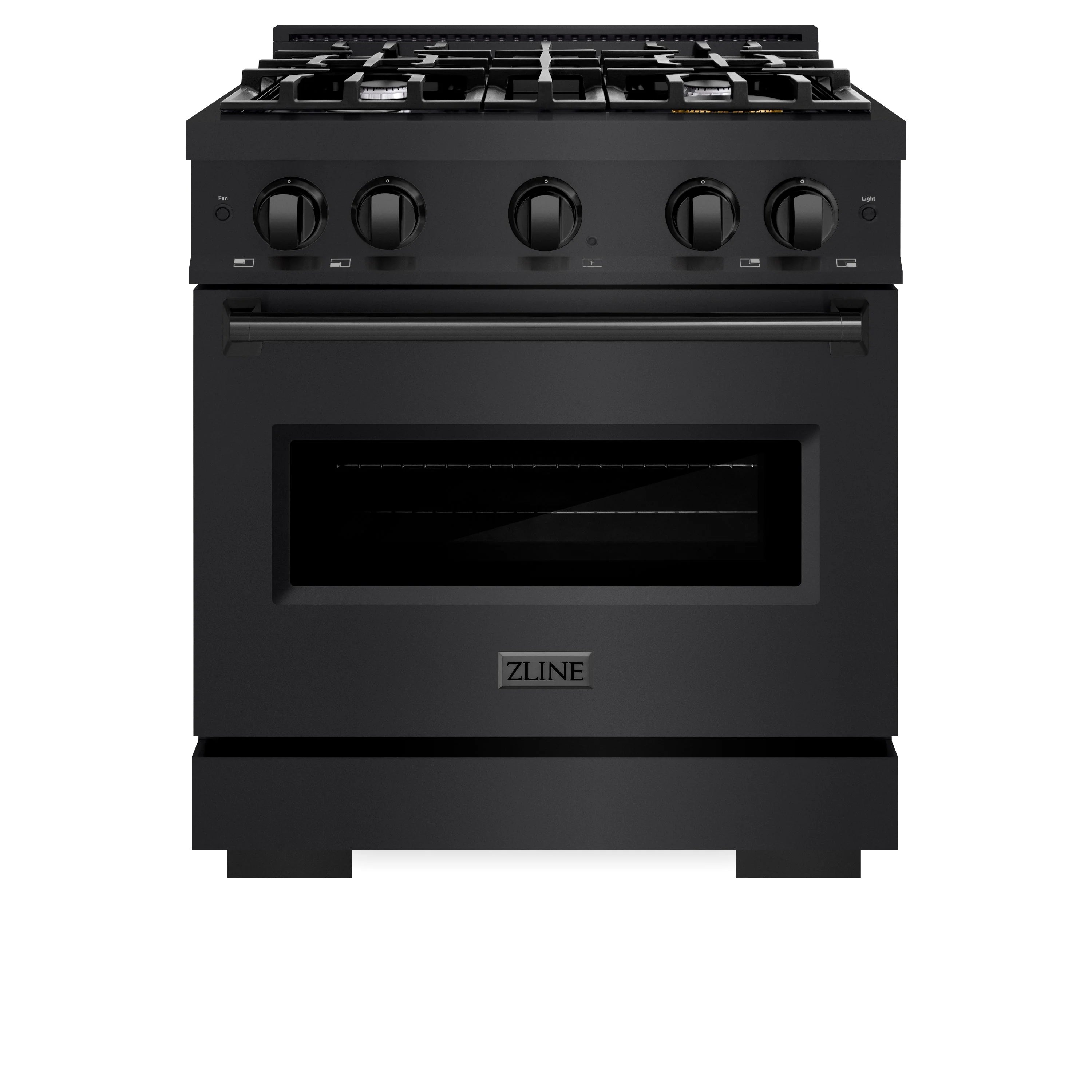 Black stainless steel 30-inch gas range with four burner cooktop and oven doors closed