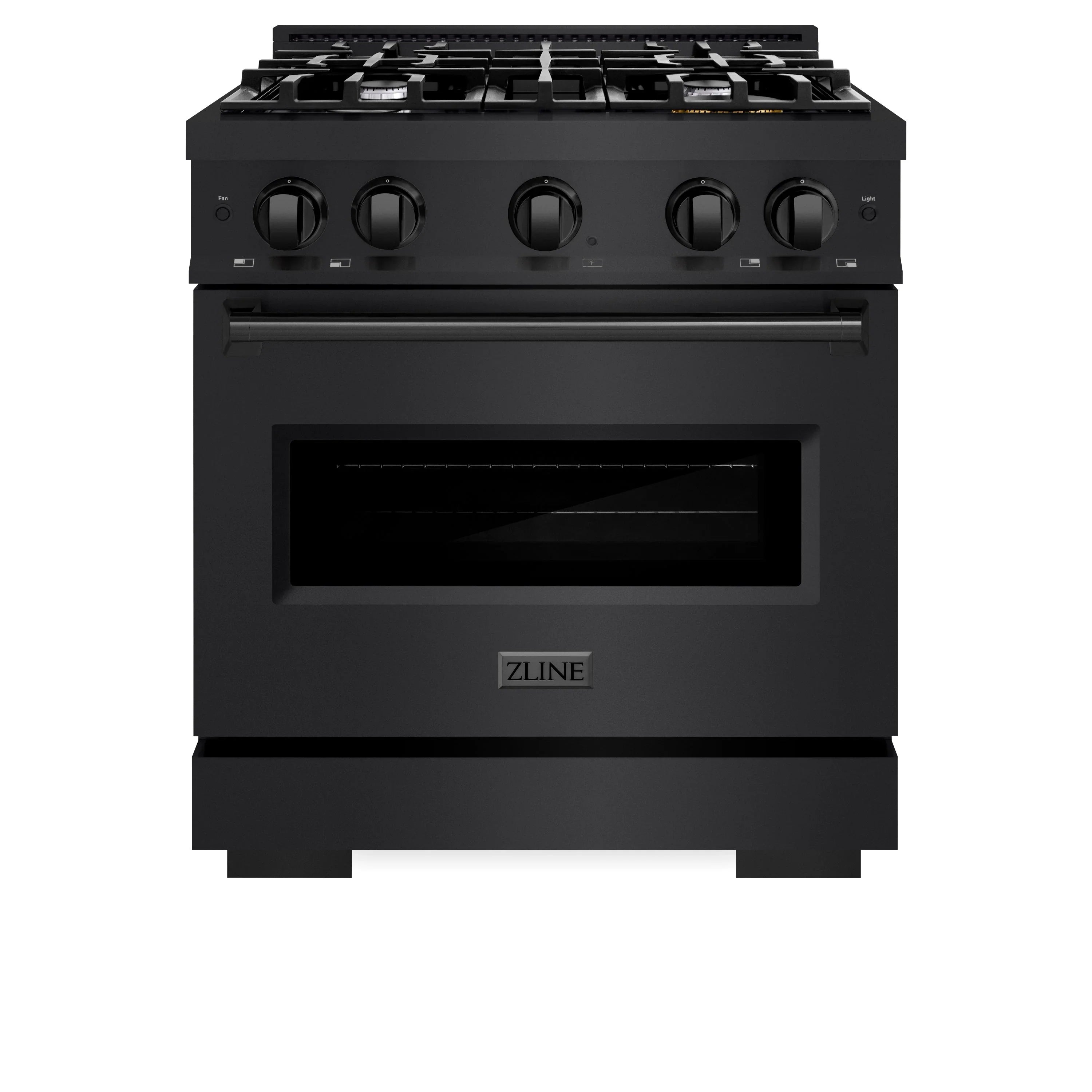 Black stainless gas range with five knobs and oven door, ZLINE logo
