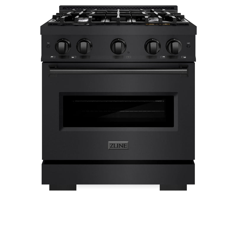 ZLINE 5-Piece Appliance Package - 30-Inch Gas Range, Hood, Refrigerator, Dishwasher, and Microwave Drawer in Black Stainless Steel