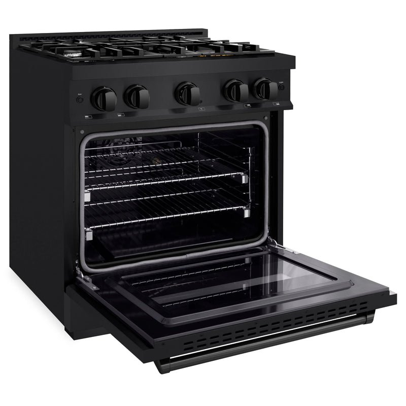 ZLINE 5-Piece Appliance Package - 30-Inch Gas Range, Hood, Refrigerator, Dishwasher, and Microwave Drawer in Black Stainless Steel