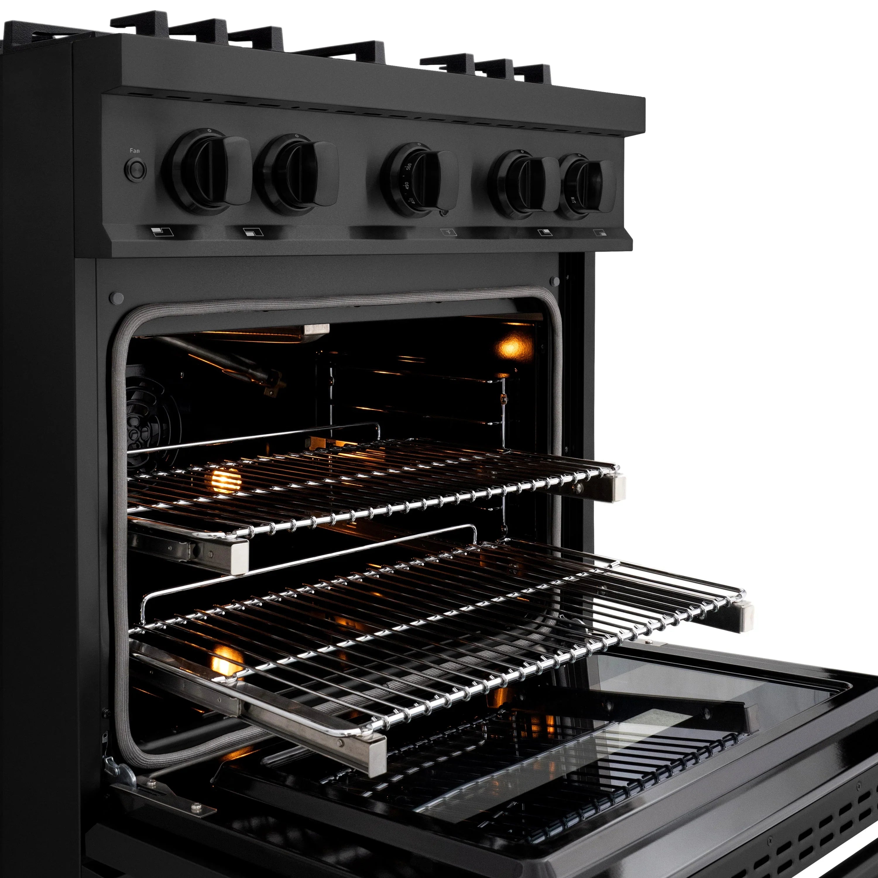 Black gas range with oven door open and illuminated burners across racks