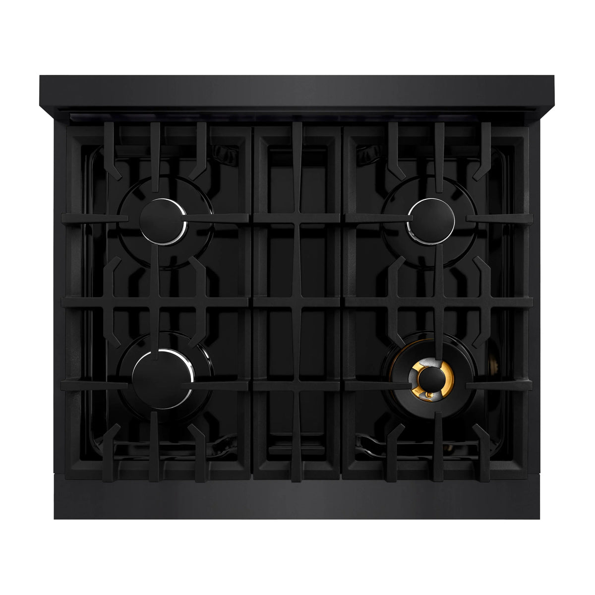 Black gas range cooktop with four burner grates and one lit burner