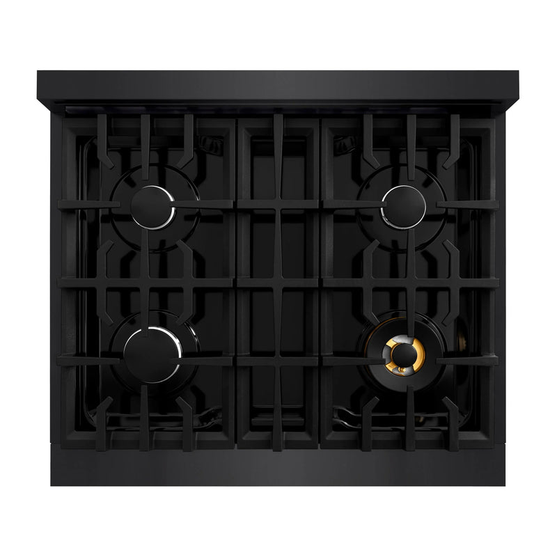 ZLINE 5-Piece Appliance Package - 30-Inch Gas Range, Hood, Refrigerator, Dishwasher, and Microwave Drawer in Black Stainless Steel