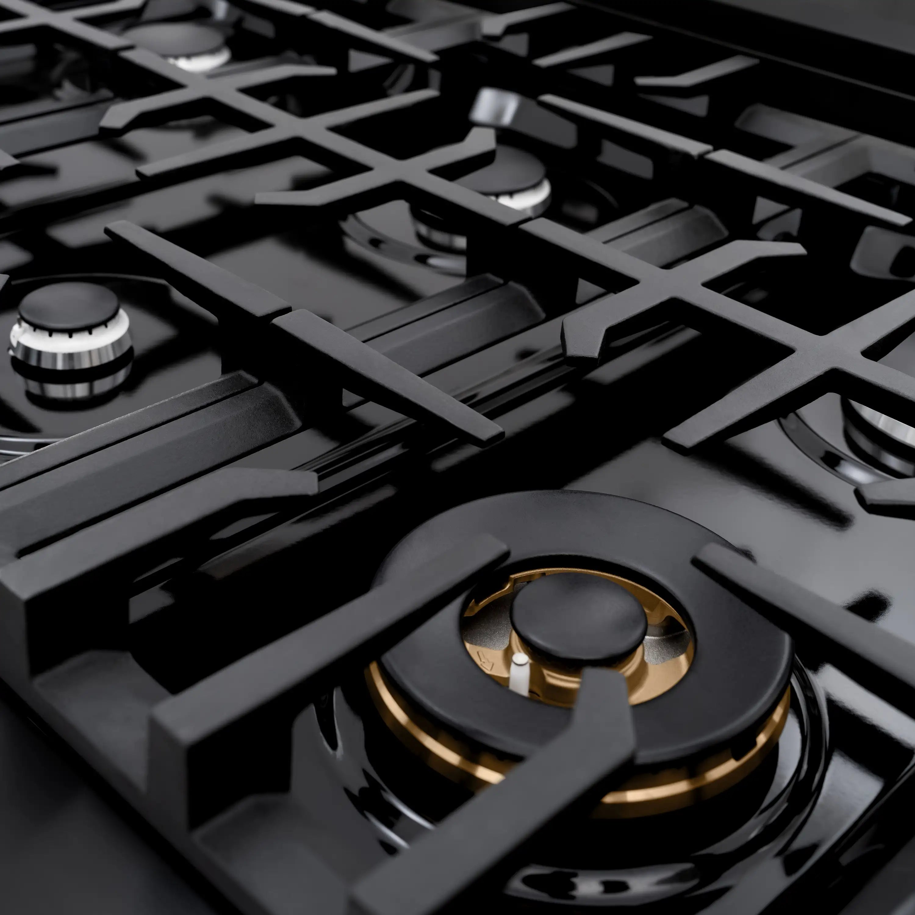 Black gas burner with brass-ring cap and cast-iron grate