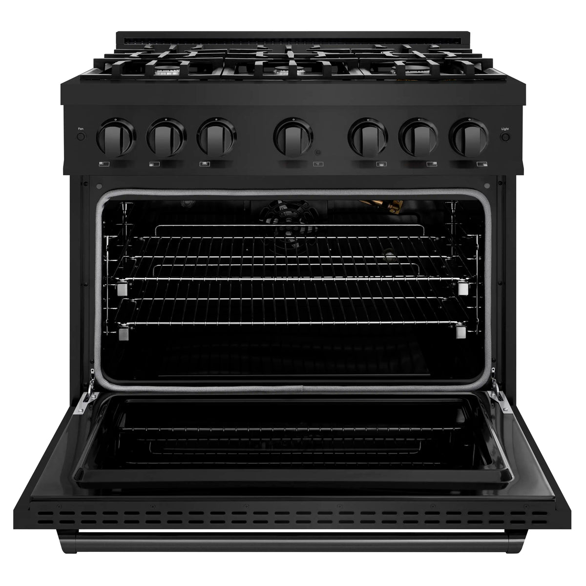 Black gas range oven cavity with racks fully extended