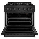 ZLINE 4-Piece Appliance Package - 36-Inch Gas Range, Hood, Refrigerator with Water Dispenser, and Dishwasher in Black Stainless Steel